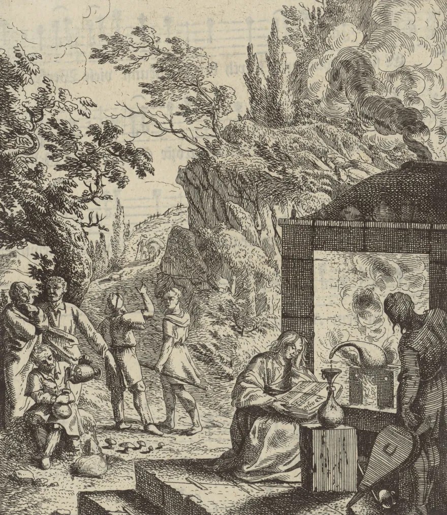 在鄉村道路邊用明火酒精蒸餾。老約翰·巴爾塔薩·布林格(Johann Balthasar Bullinger [the Elder])的蝕刻畫，18世紀。