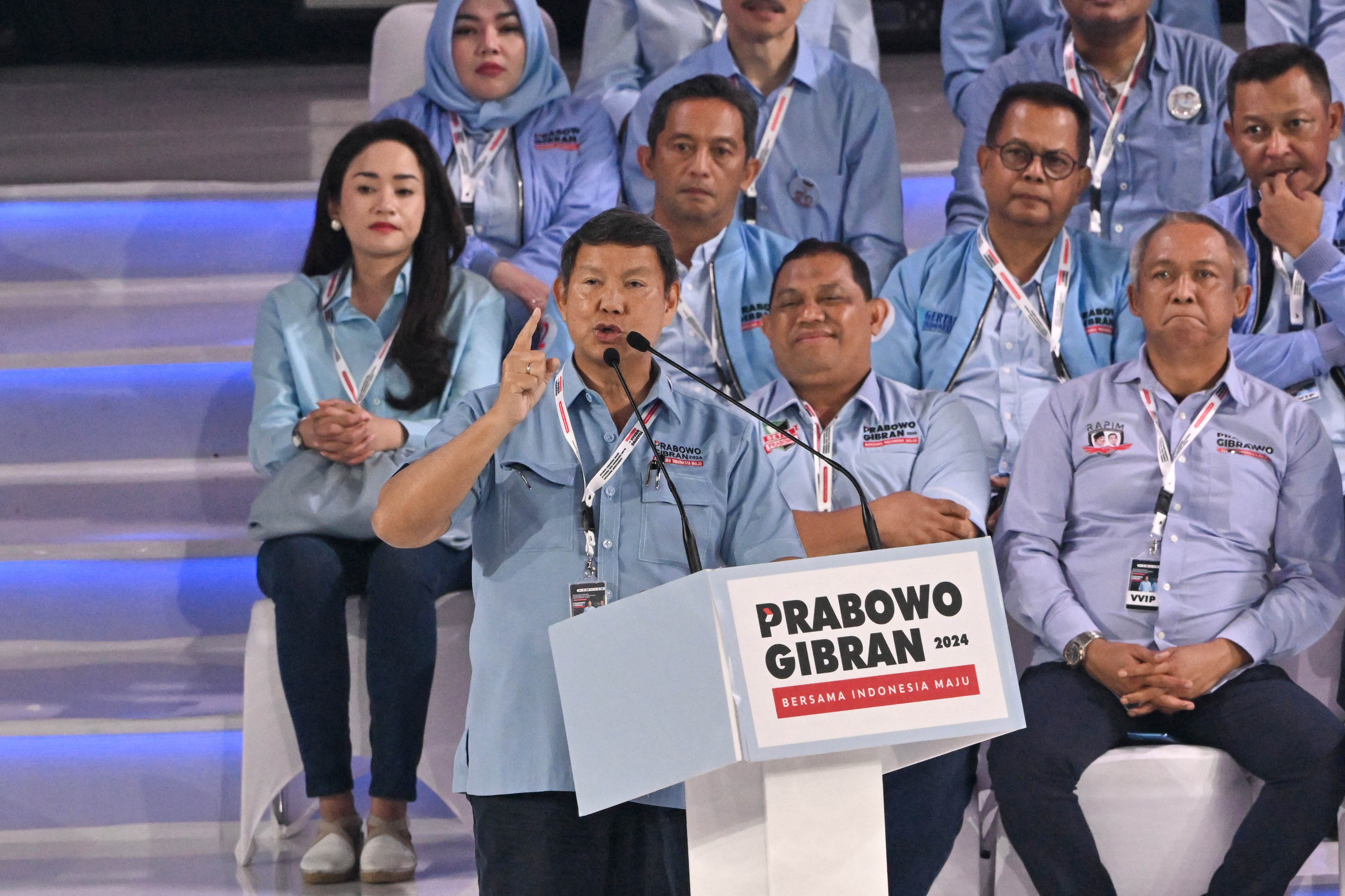 Hashim Djojohadikusumo (front centre), brother of presidential candidate and Indonesias Defence Minister Prabowo Subianto speaks during an election campaign event of Subianto and vice presidential candidate Gibran Rakabuming Raka at the Indonesia Arena in Jakarta on February 5, 2024.