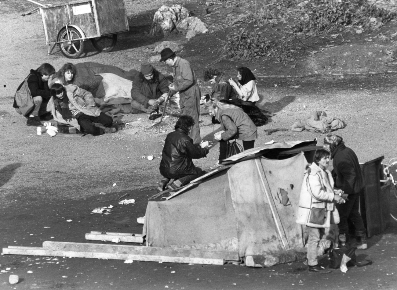 Drug scene in Platzspitz Park in Zurich, Switzerland, pictured in June 1990.