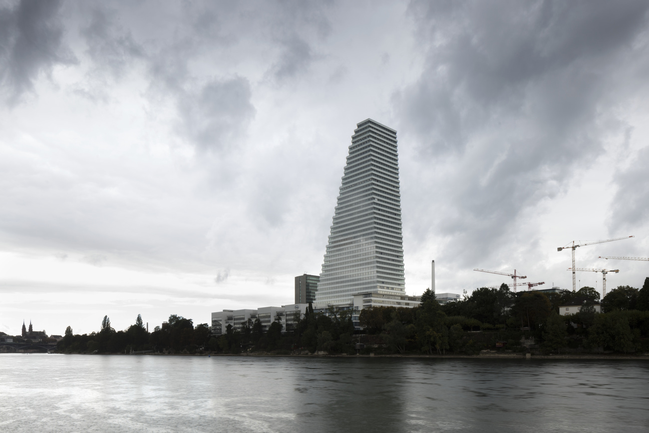Exterior view of the Roche Tower (Roche Bau 1) by architects Herzog & de Meuron. The new headquarters of pharmaceutical company Hoffmann-La Roche in canton Basel City, Switzerland.