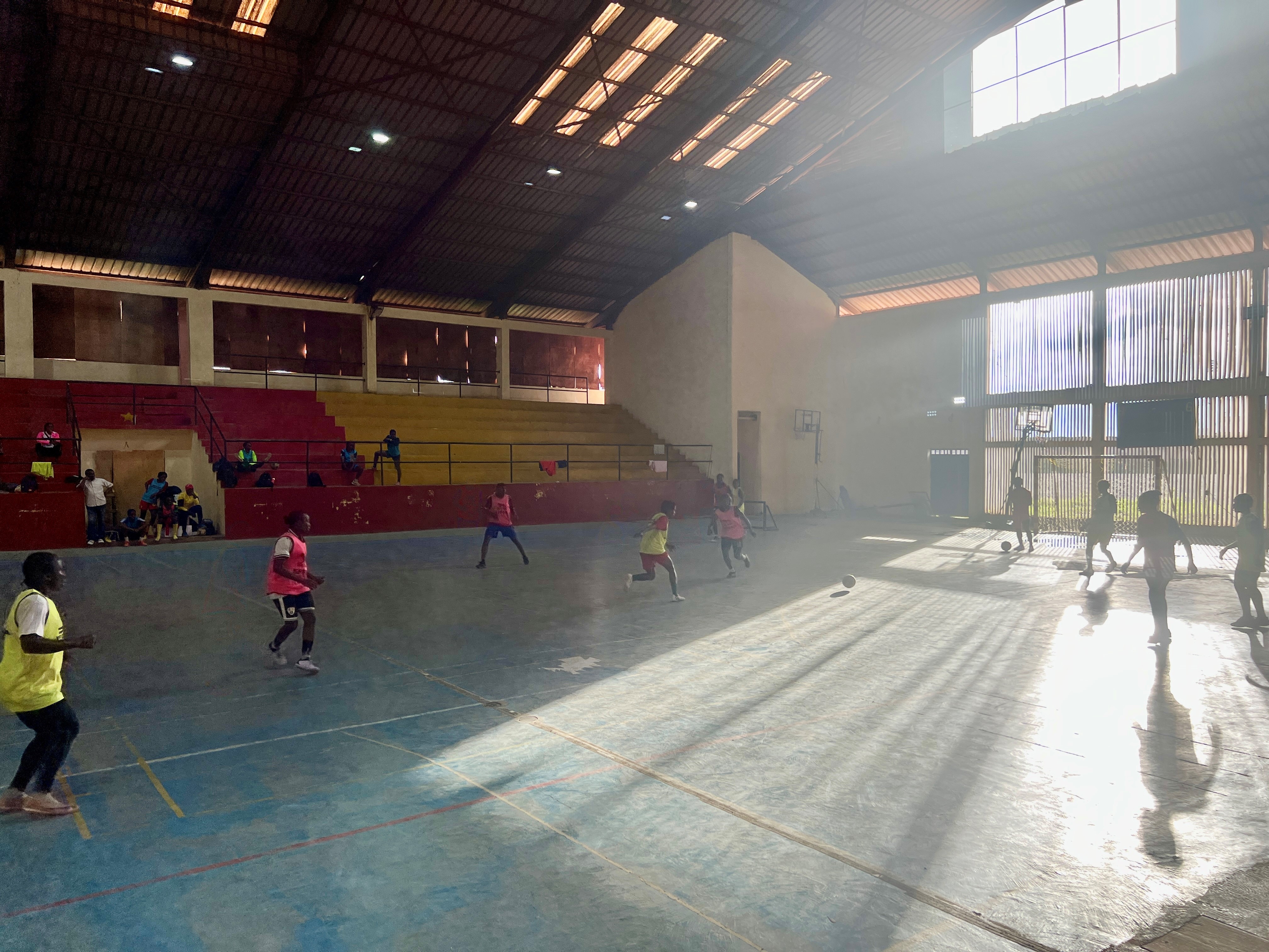 Players from the Éclair girls' first division football club in Sa'a train at the Palais omnisports in Yaoundé, September 2024.