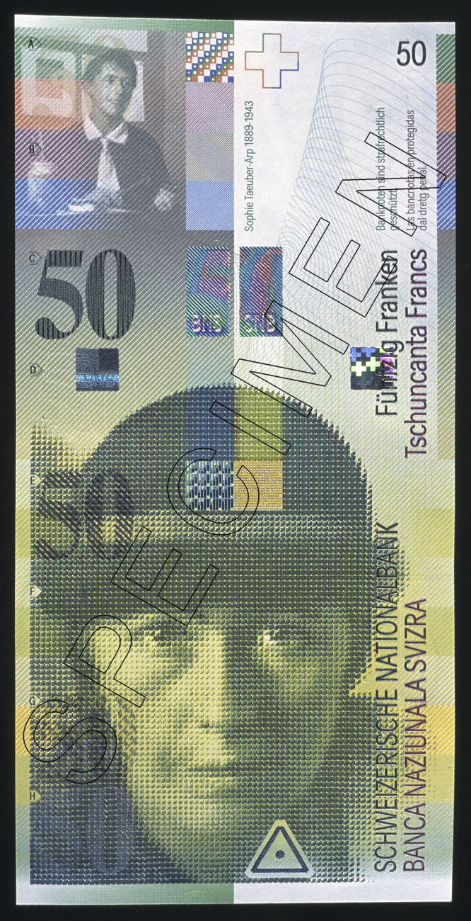 Auf der Vorderseite einer 50-Franken-Note ist die Künstlerin Sophie Taeuber-Arp abgebildet