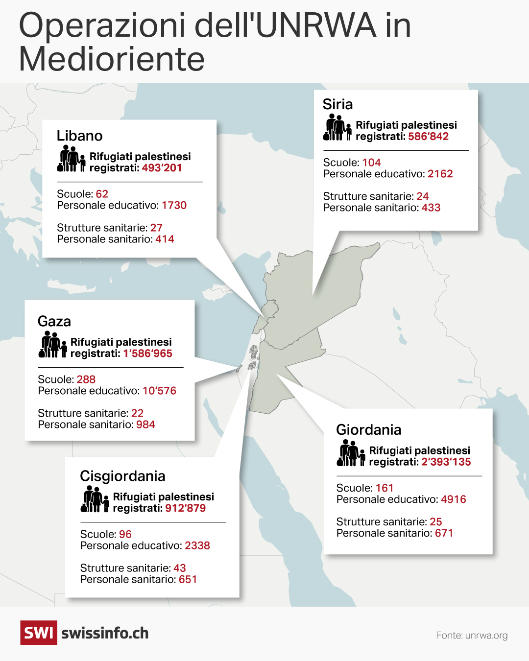 Cartina con le operazioni dell'UNRWA in Medioriente.