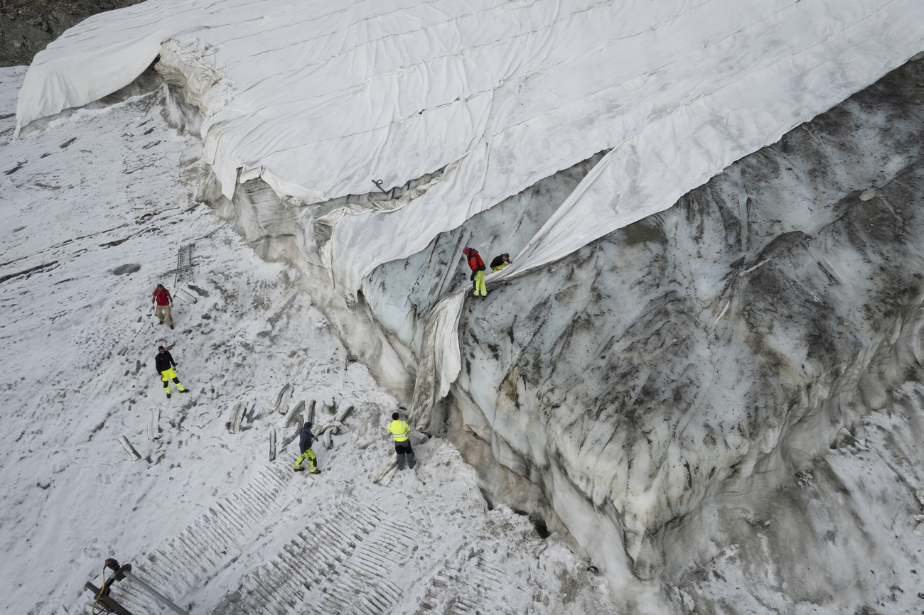 Covering the Corvatsch glacier in Switzerland with sheets