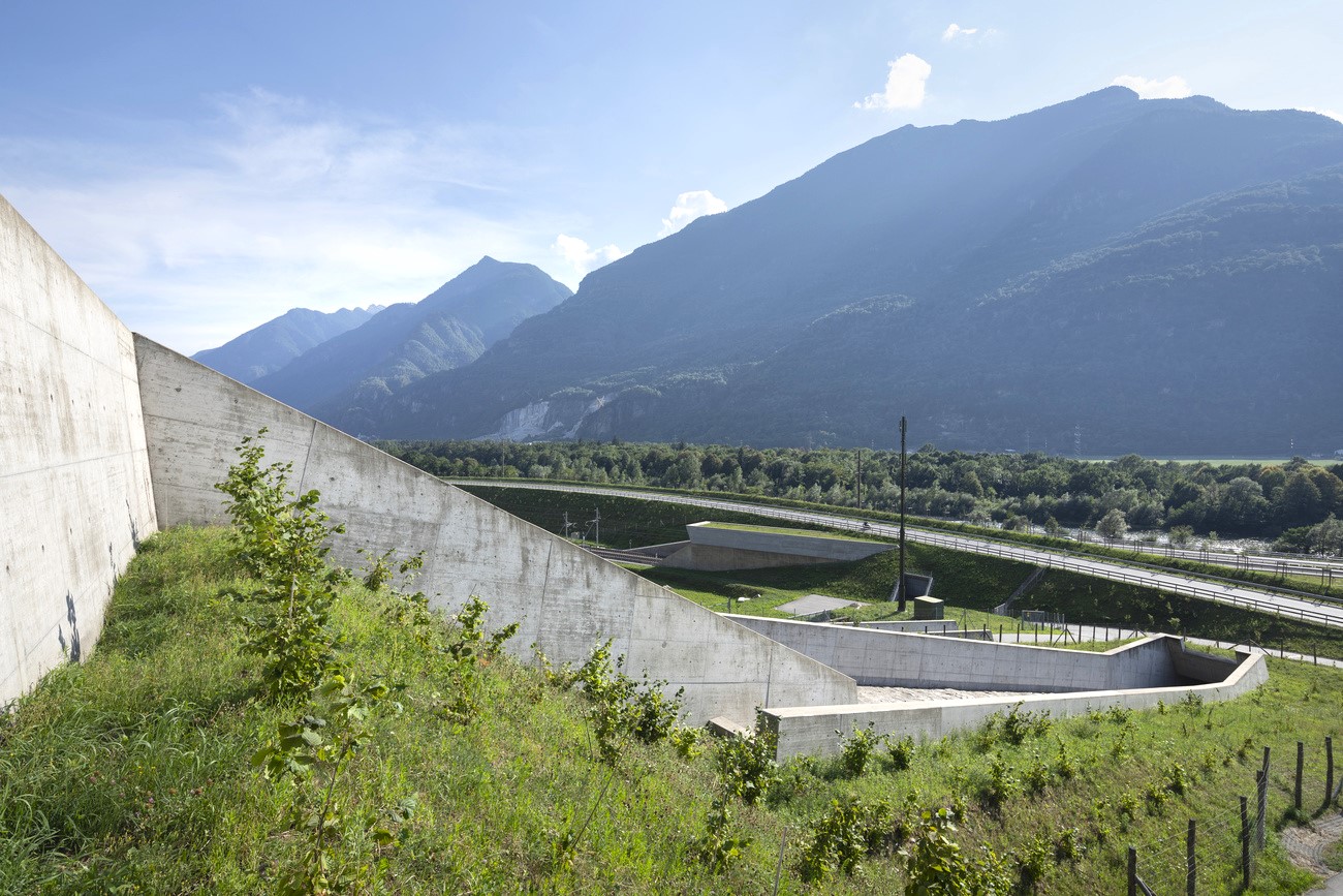 Concrete walls to protect railway tracks from flooding, Biasca, Switzerland, 2018.