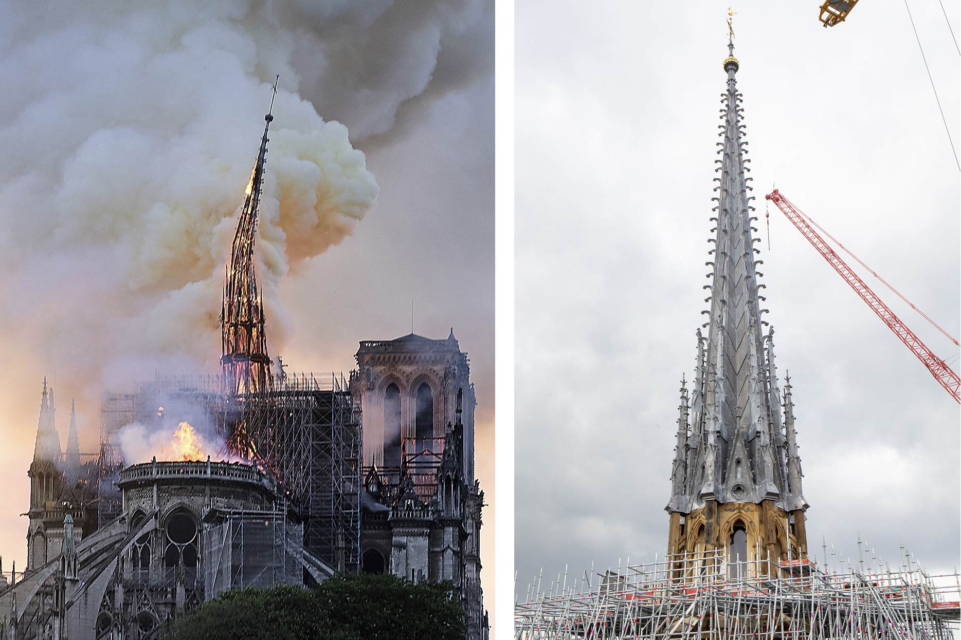 The destruction and reconstruction of the spire of Notre Dame.