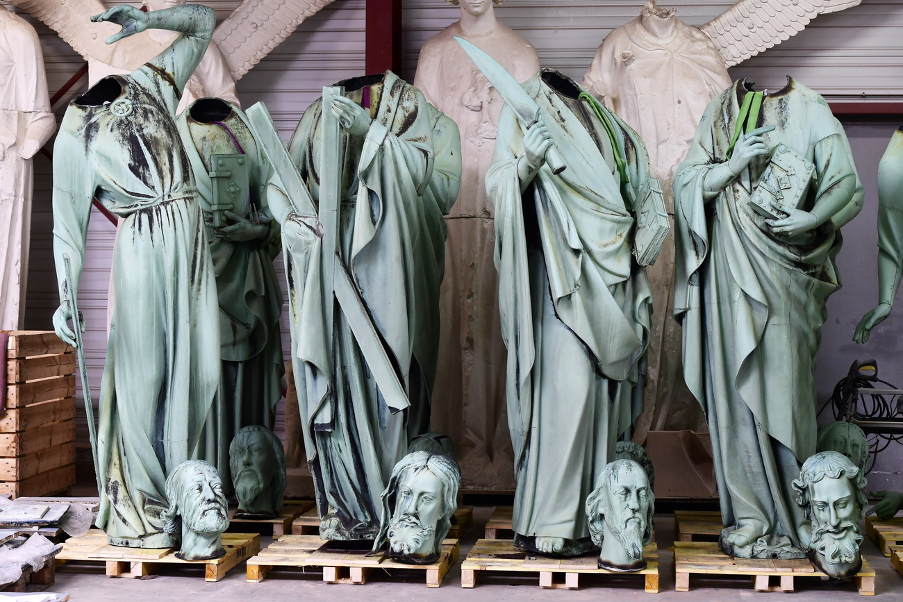 Statues that were removed for restoration from the spire of the Notre-Dame Cathedral of Paris are stored at the SOCRA workshop in Marsac sur L'Isle, near Bordeaux.