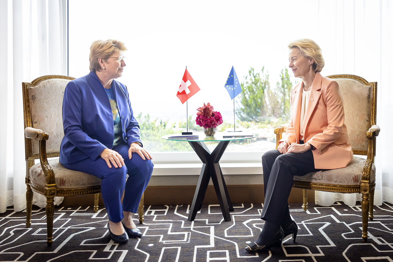 Swiss Federal President Viola Amherd, left, speaks to Ursula von der Leyen President of European Commission, right, as they meet for a bilateral talk during the Summit on peace in Ukraine, in Stansstad near Lucerne, Switzerland, Saturday, June 15,
