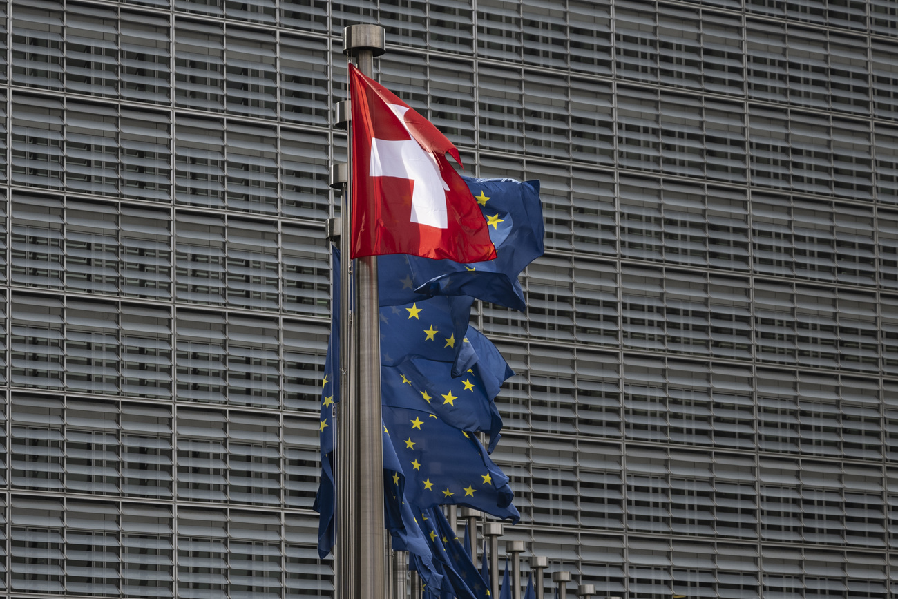 Schweizer und EU-Flaggen im Wind