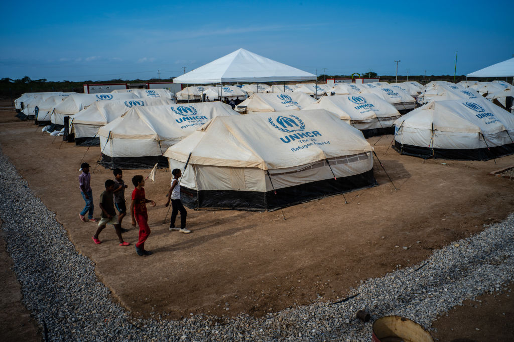 UNHCR refugee camp tents and refugee children