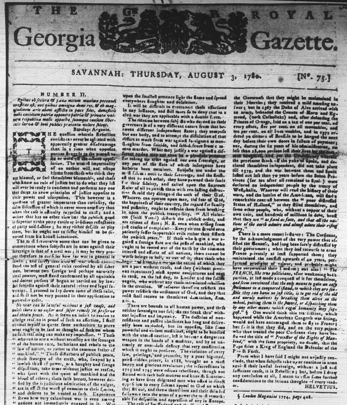 die Zeitung Georgia Gazette von 1780