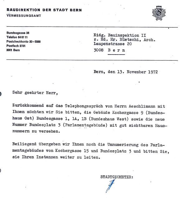 Brief eines Geometers der Stadt Bern aus dem Jahr 1972