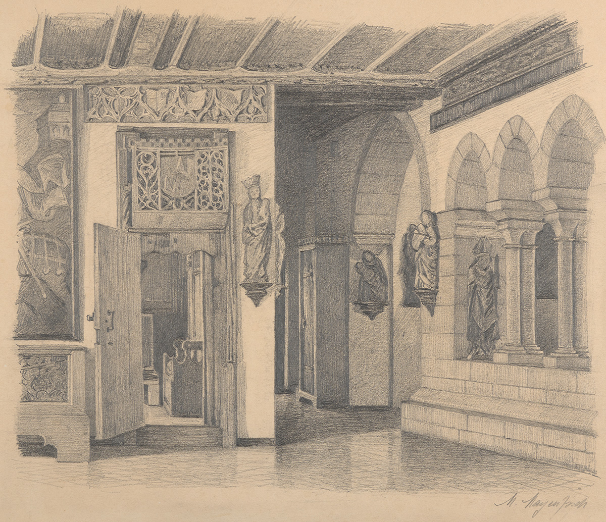 Disegno a mano della sala espositiva "Oberer Kreuzgang" con spolia integrata del Museo Nazionale di Zurigo, 1904.