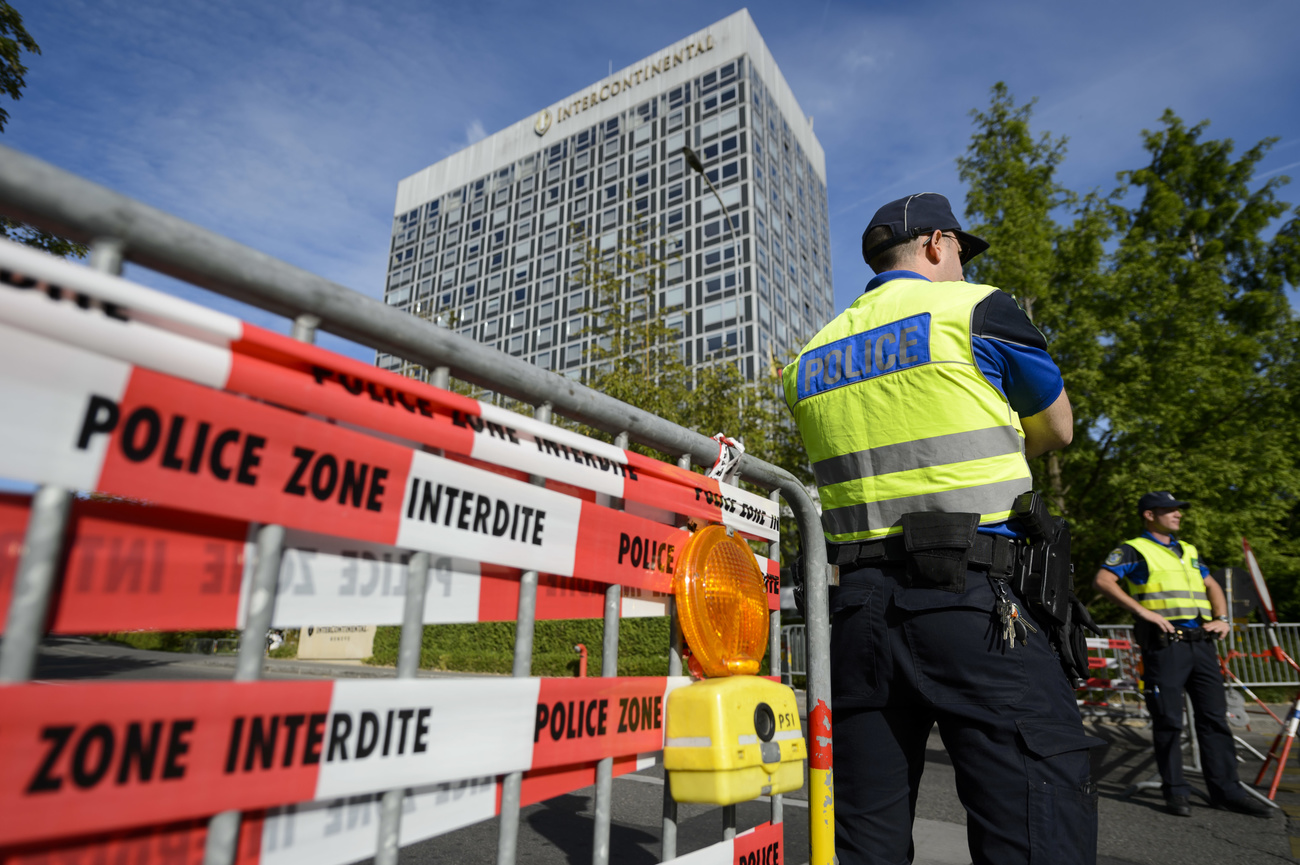 The police is blocking access to the Intercontinental Hotel in Geneva during a round of nuclear talks between the United States and Iran in 2015.