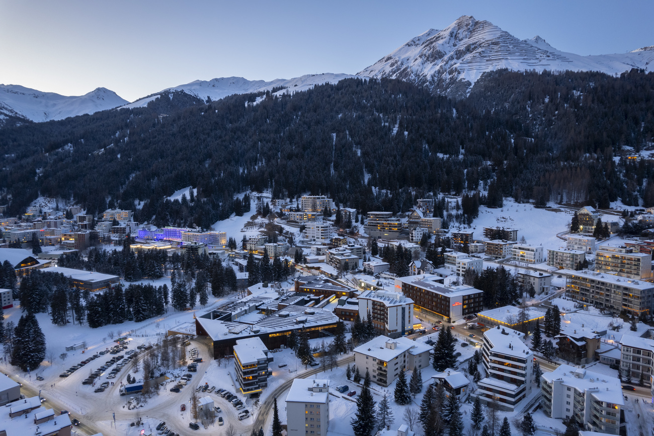 View of Davos with congress centre during sunset prior the 55th annual meeting of the World Economic Forum