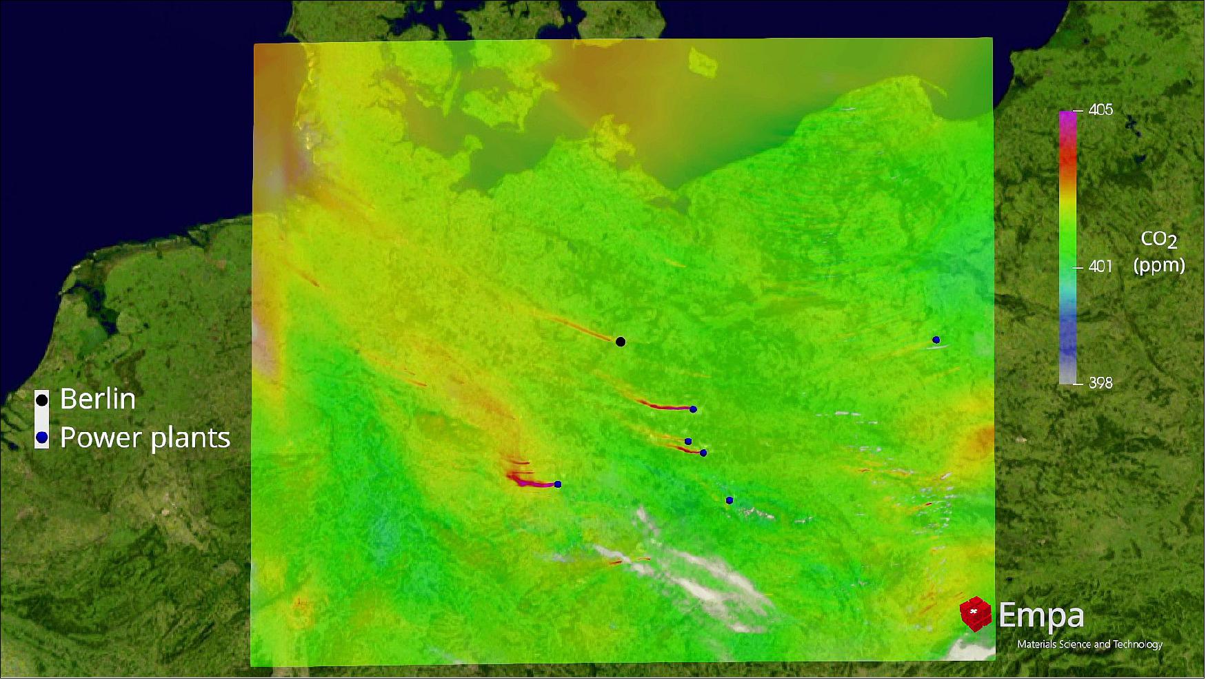 High-resolution simulation of total column carbon dioxide plumes from Berlin and nearby power plants on 2 July 2015. The data were generated by Empa, as part of the ESA-funded Smartcarb study (image credit: Empa, Swiss Federal Laboratories for Materials Science and Technology)
