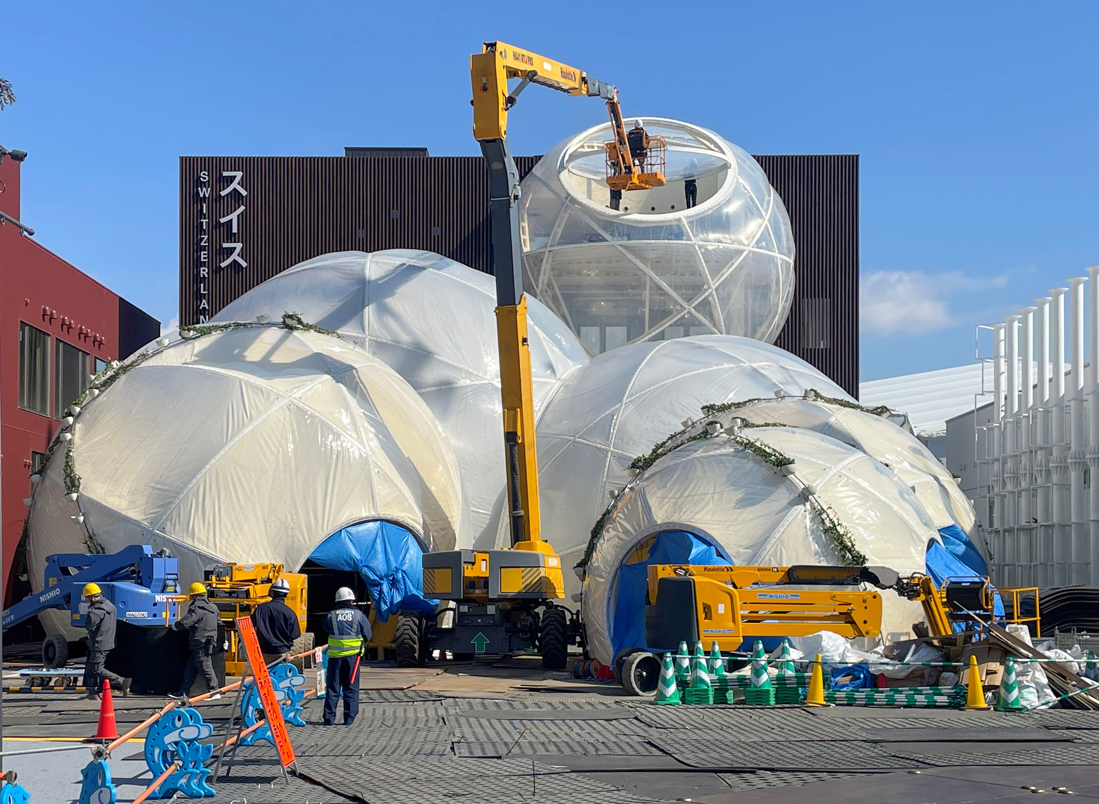 The Swiss pavilion under construction, shortly before completion.