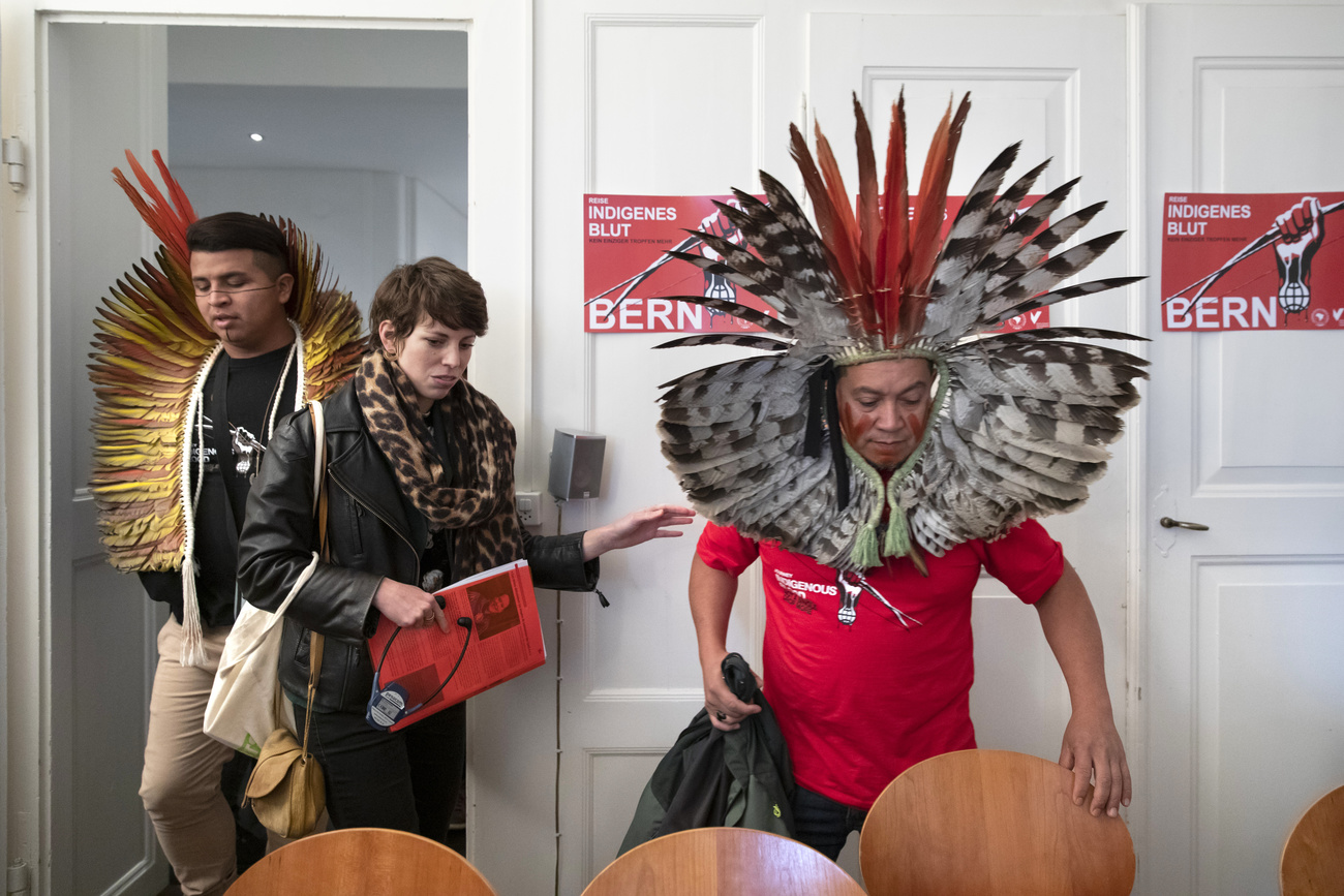 Kreta Kaingang, coordinator of Brazil's national Indigenous organisation APIB (r) and Lisa Mazzone, a former Swiss parliamentarian, ahead of a press conference in Bern on November 7, 2019.