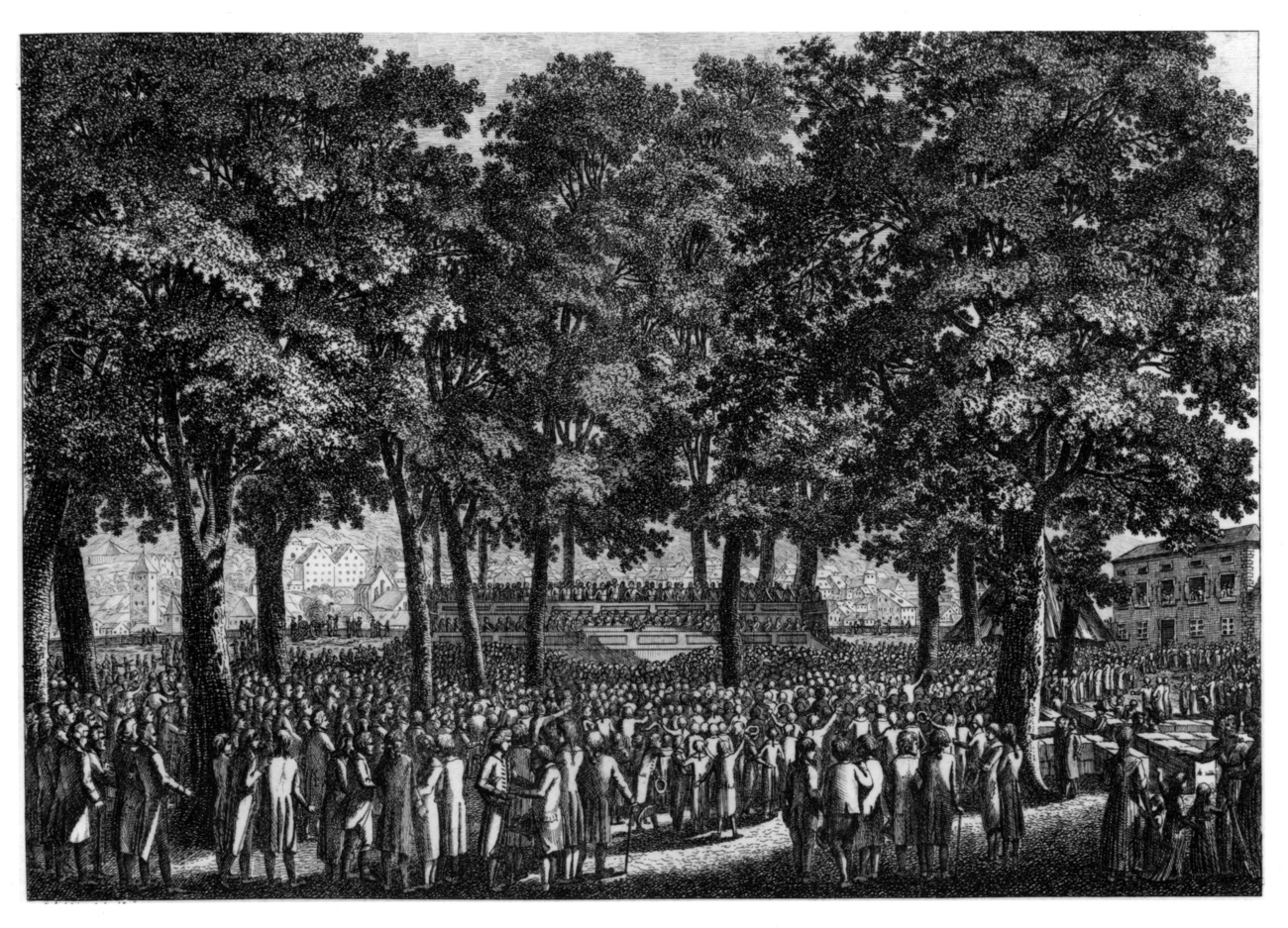 Contemporary depiction of the solemn oath-taking of the men of Zurich gathered at the Lindenhof to the Helvetic Republic on 16 August 1798.