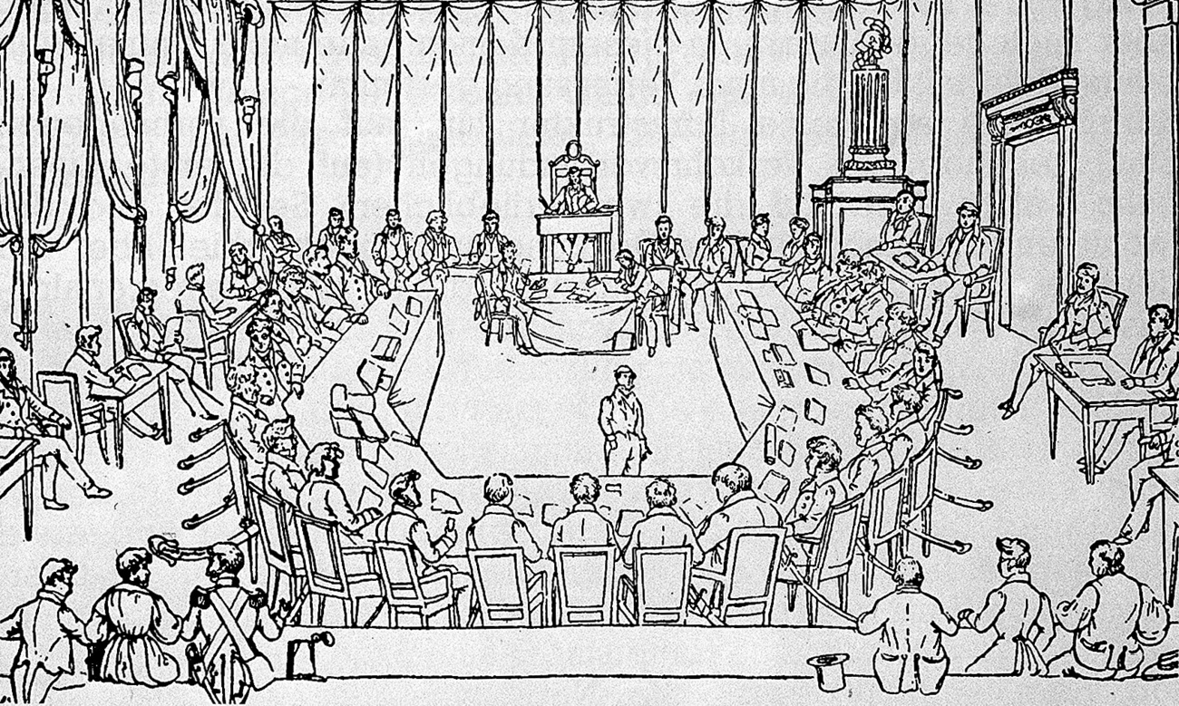 Contemporary depiction of the old Parliament of the Estates, the Tagsatzung, in Bern Town Hall in 1833.