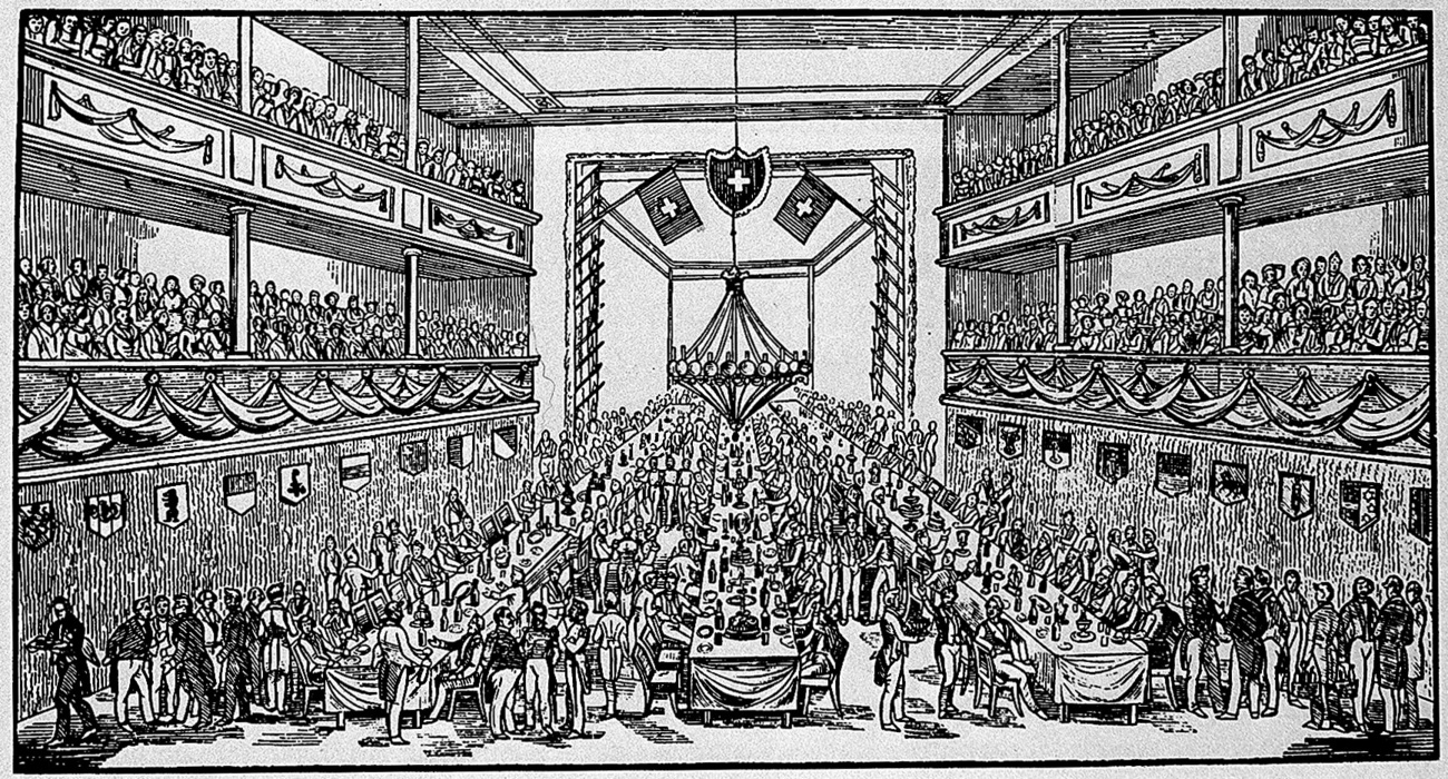 Contemporary depiction of the first Federal Assembly in the theatre in Bern on 6 November 1848.