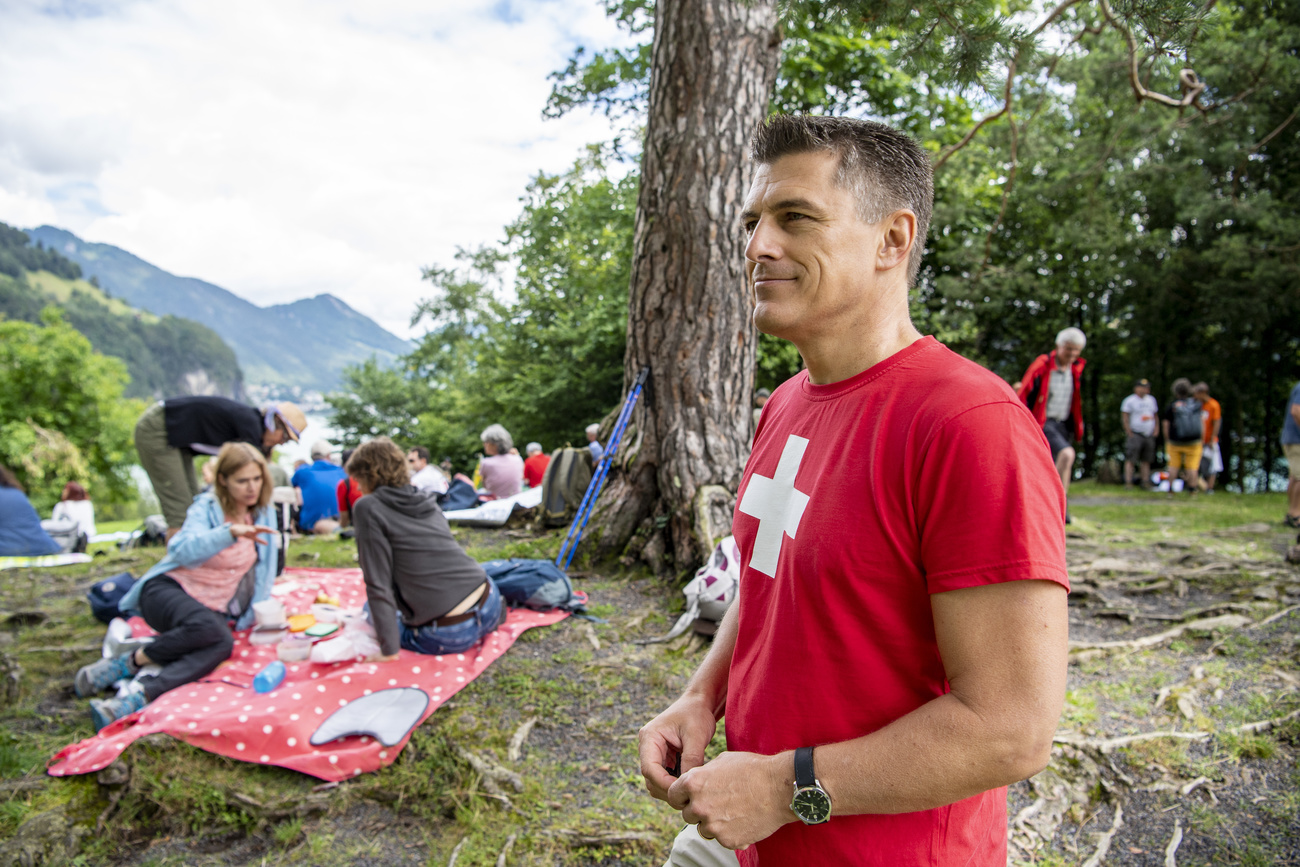 Opponents of Covid-19 measures on the Rütli meadown on Lake Lucerne, Switzerland, in July 2021.
