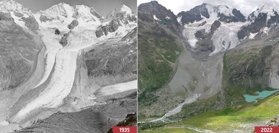 due immagini mostrano lo stesso ghiacciaio nel 1935 e nel 2022