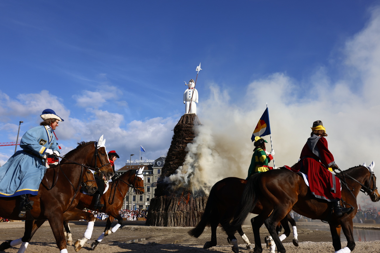Guild members ride around the Böögg on horseback every spring.