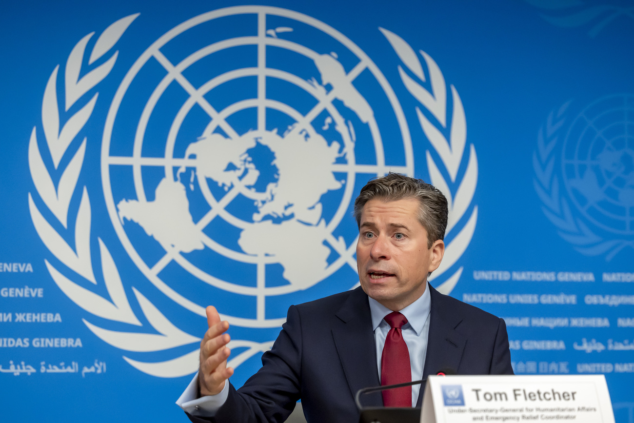 Tom Fletcher, Under-Secretary-General for Humanitarian Affairs and Emergency Relief Coordinator, talks to reporters in Geneva, December 3, 2024.