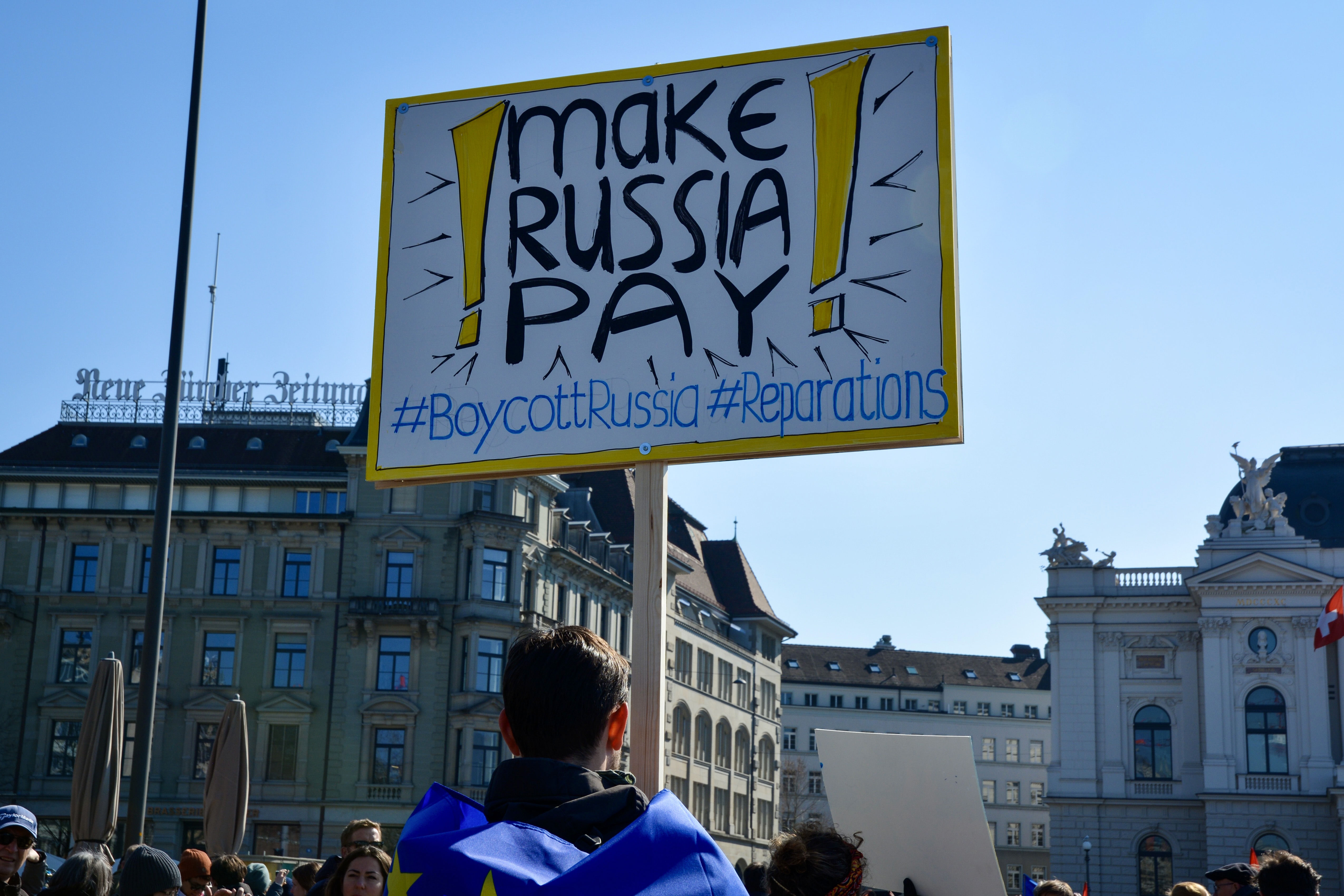 An anti-war protest in Zurich two weeks after the full-scale Russian invasion of Ukraine, on 6 March 2022.
