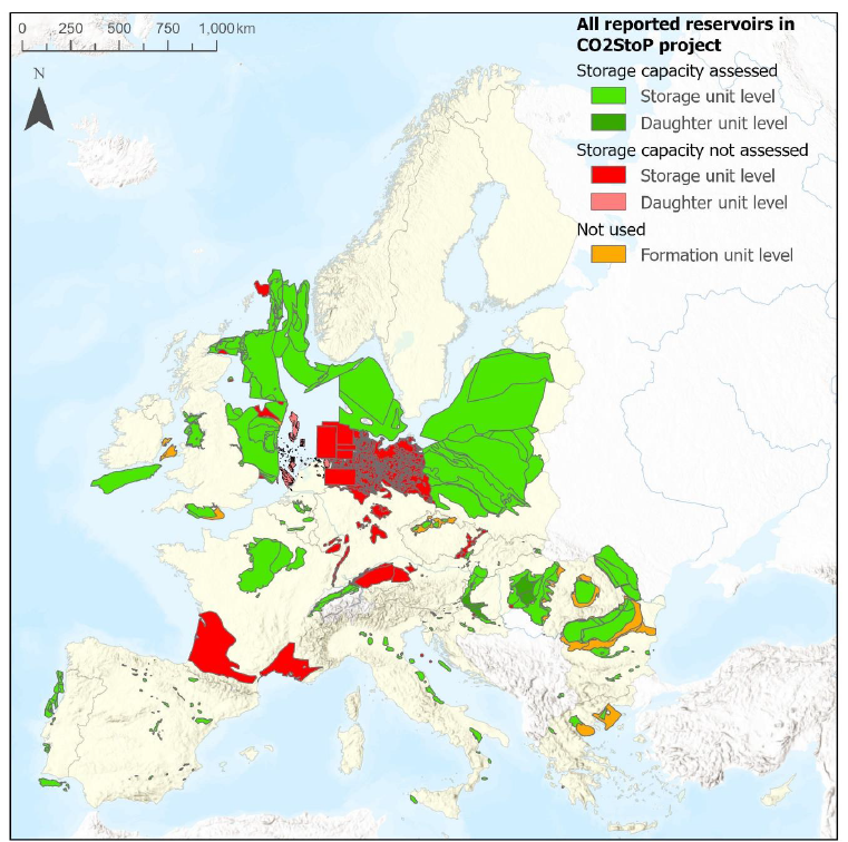 Potential CO2 storage sites in Europe, according to data from the EU-funded CO2StoP project from 2013.