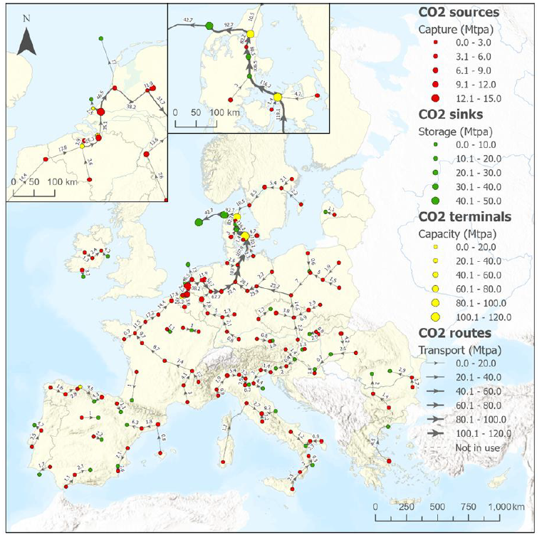 Potential CO2 transport network in 2050, according to European Commission study published in 2024.