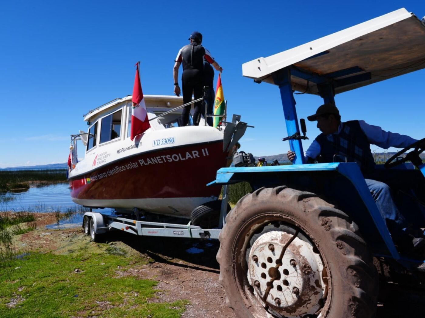 Swiss solar boat Planet Solar II in Lake Titicaca in Peru