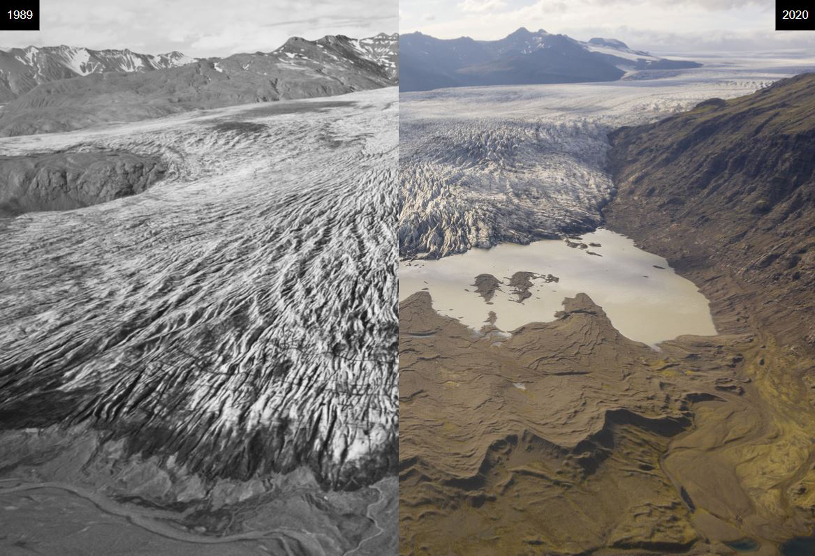 Evolution of the Hoffellsjökull glacier in Iceland from 1989 to 2020.