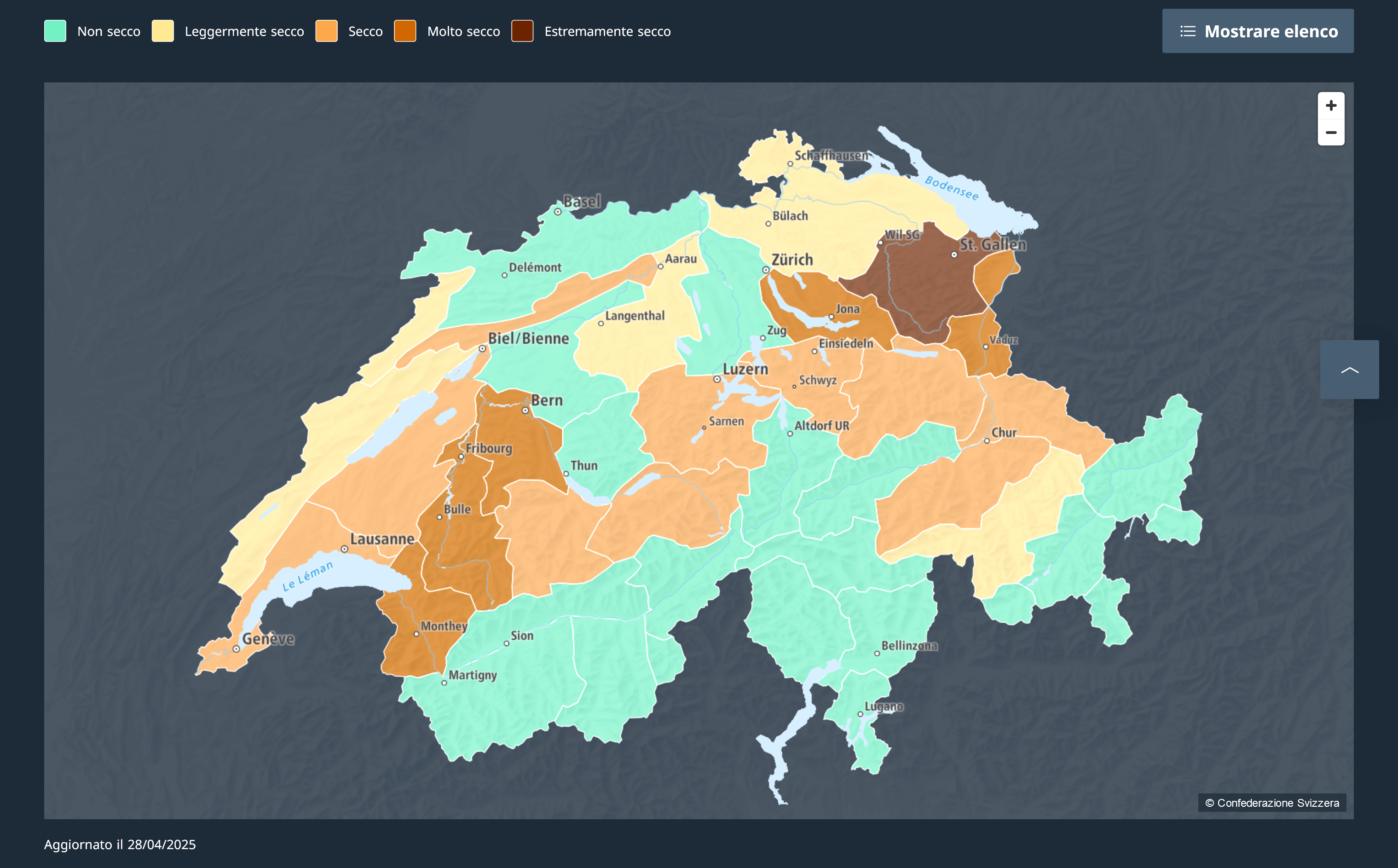 mappa della svizzera che mostra il livello di siccità nelle diverse regioni del paese.