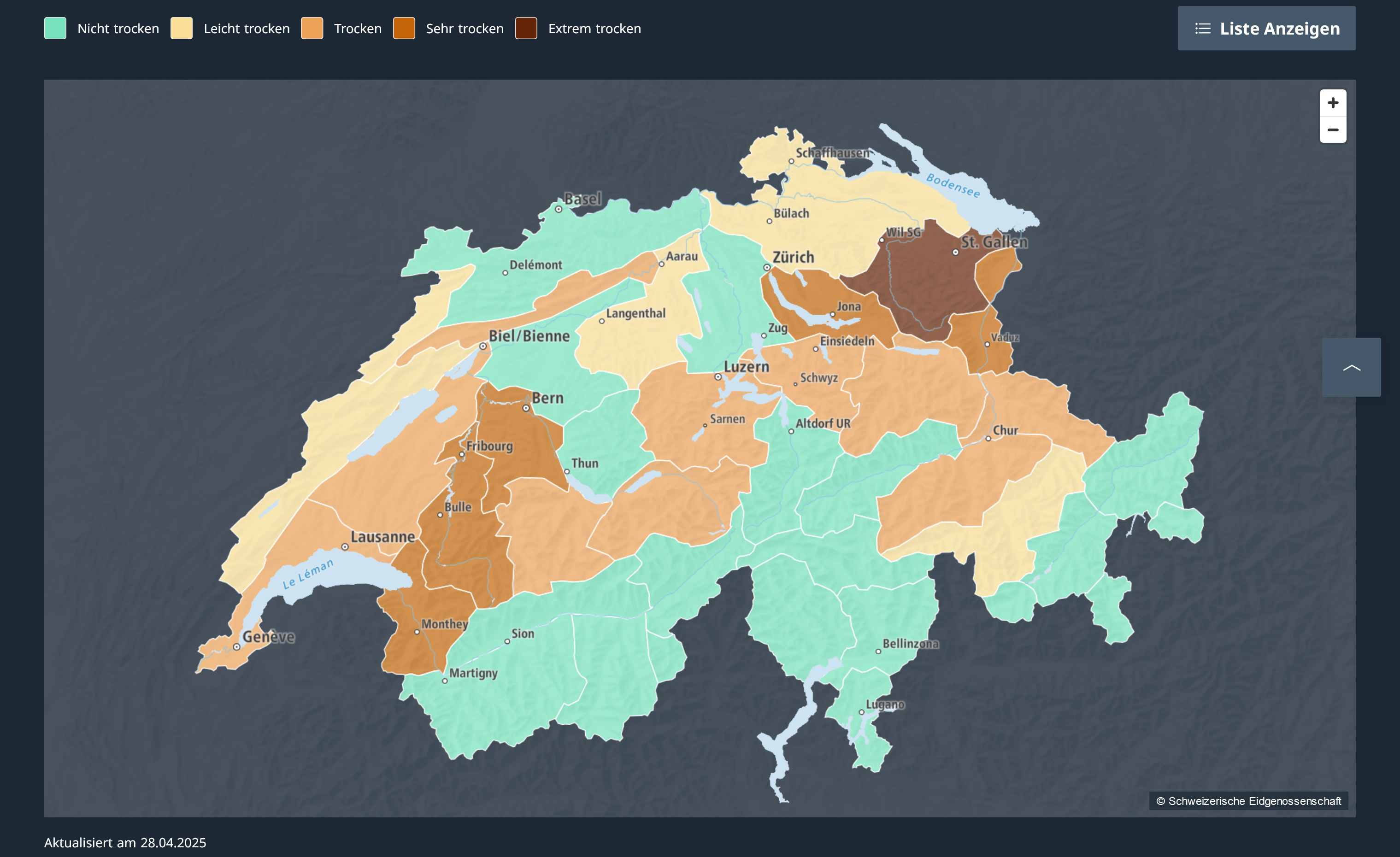 Karte der Schweiz mit Dürreregionen