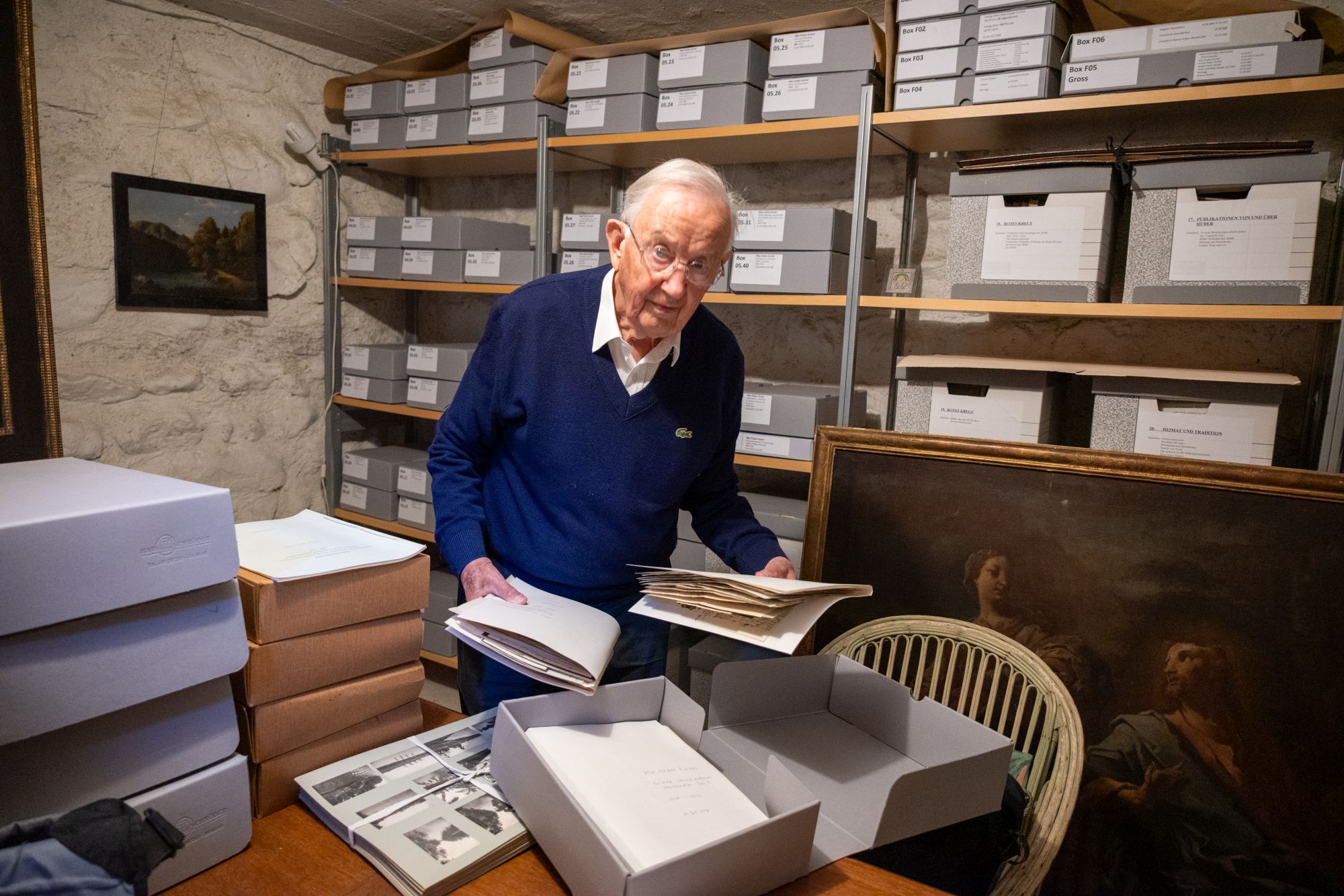 Max Huber’s grandson Ulrich seen in the family archives in the tower at the castle