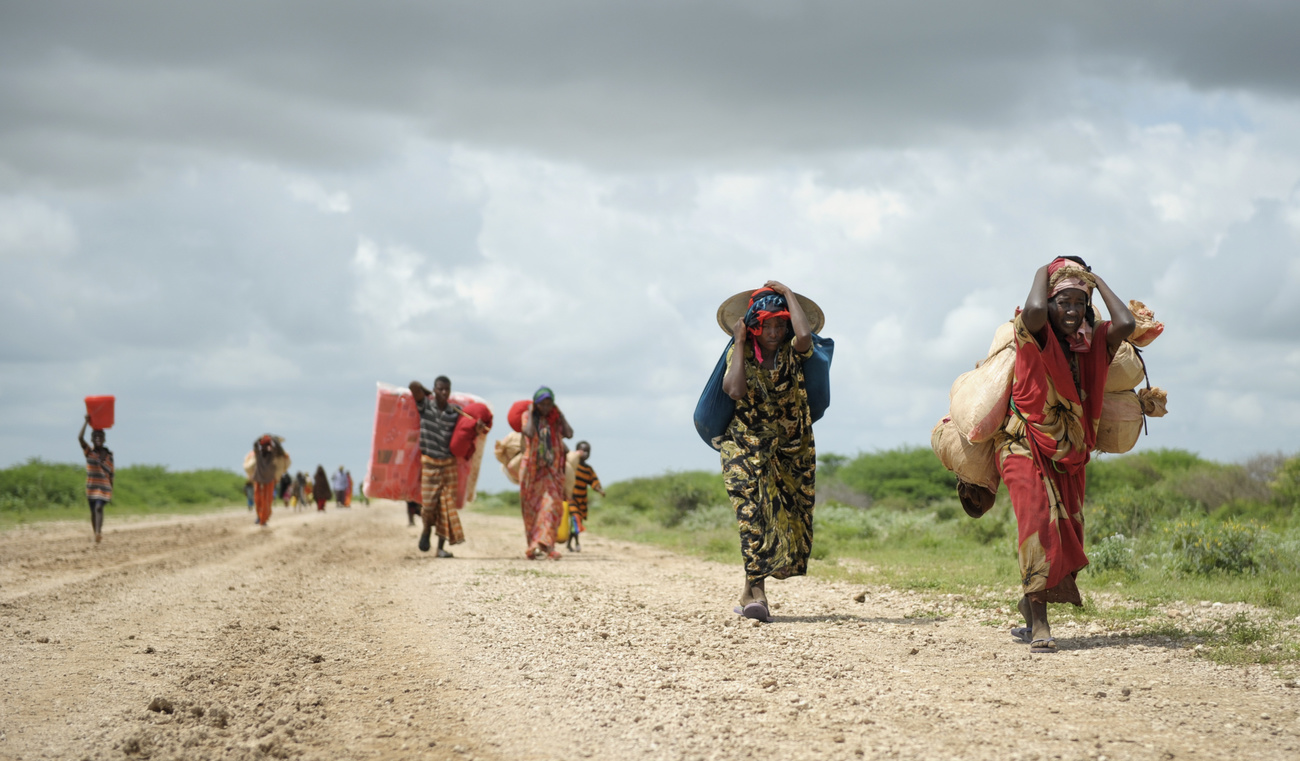displaced people walking