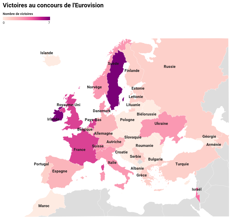 Deux pays n'apparaissent pas sur la carte: l'Australie qui participe depuis 2015, et la Yougoslavie qui a disparu. D'autres pays ont participé au moins une fois, mais ont arrêté: la Russie, la Turquie, le Maroc, Andorre, la Bosnie-Herzégovine, la Slovaquie, la Hongrie, le Monténégro et la Biélorussie. En 1969, quatre pays sont sortis vainqueurs ex aequo: l'Espagne, la France, les Pays-Bas et le Royaume-Uni.
