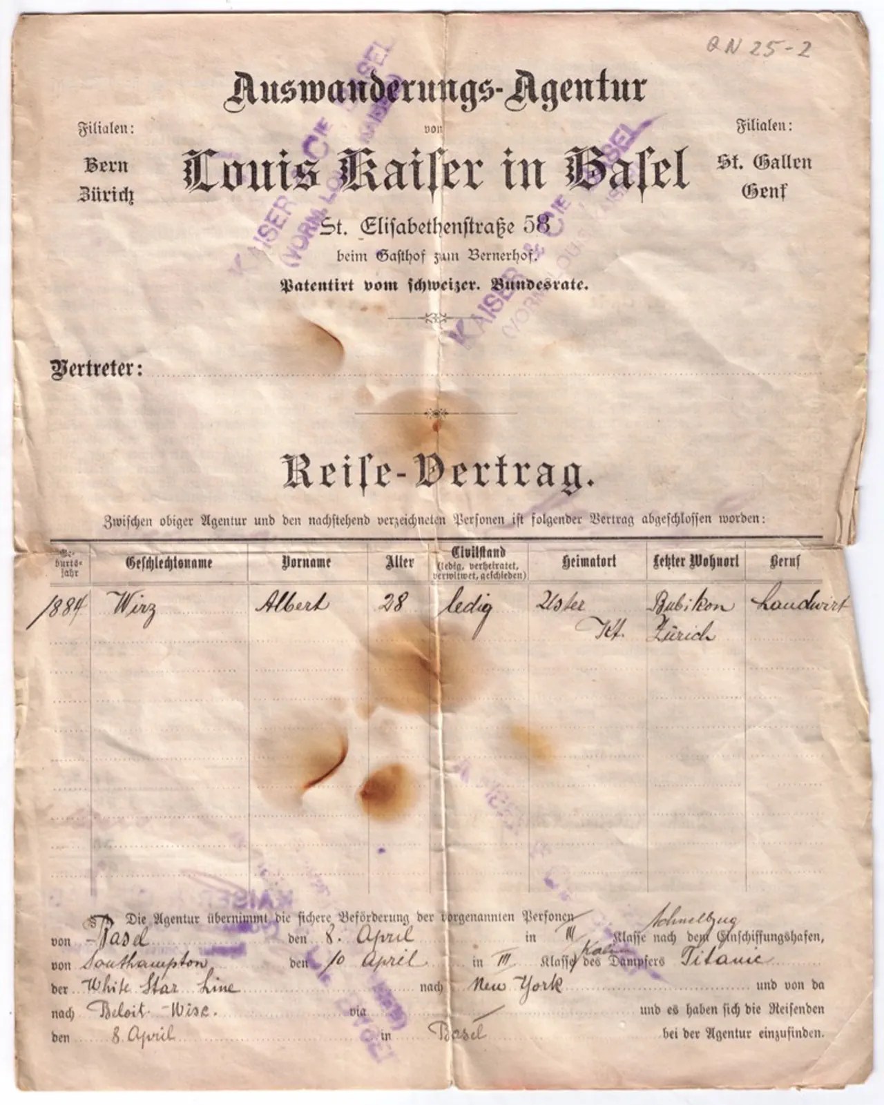 With this travel contract, Albert Wirz made his way from Uster to the USA.