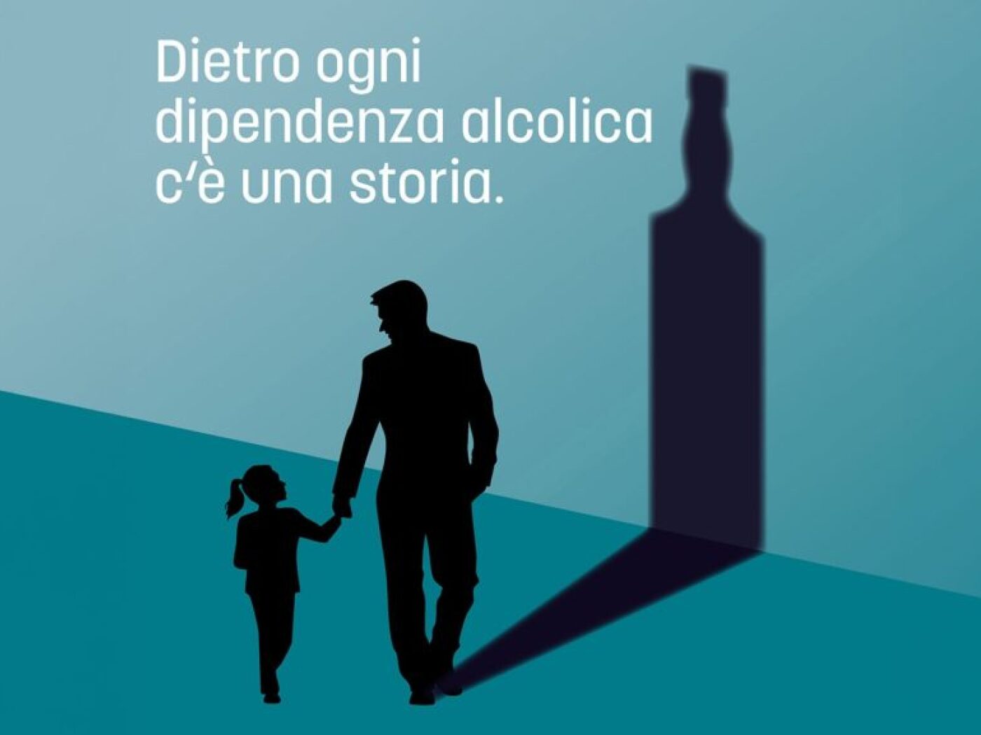 manifesto giornata nazionale sull'alcool: uomo tiene bambina per mano e la loro ombra forma una bottiglia. scritta: dietro ogni dipendenza c'è una storia