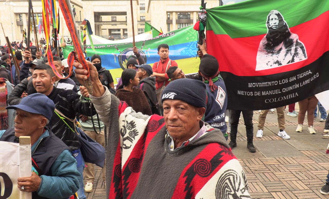 Hundreds of indigenous people protest in Bogota, Colombia, on April 1, 2025.