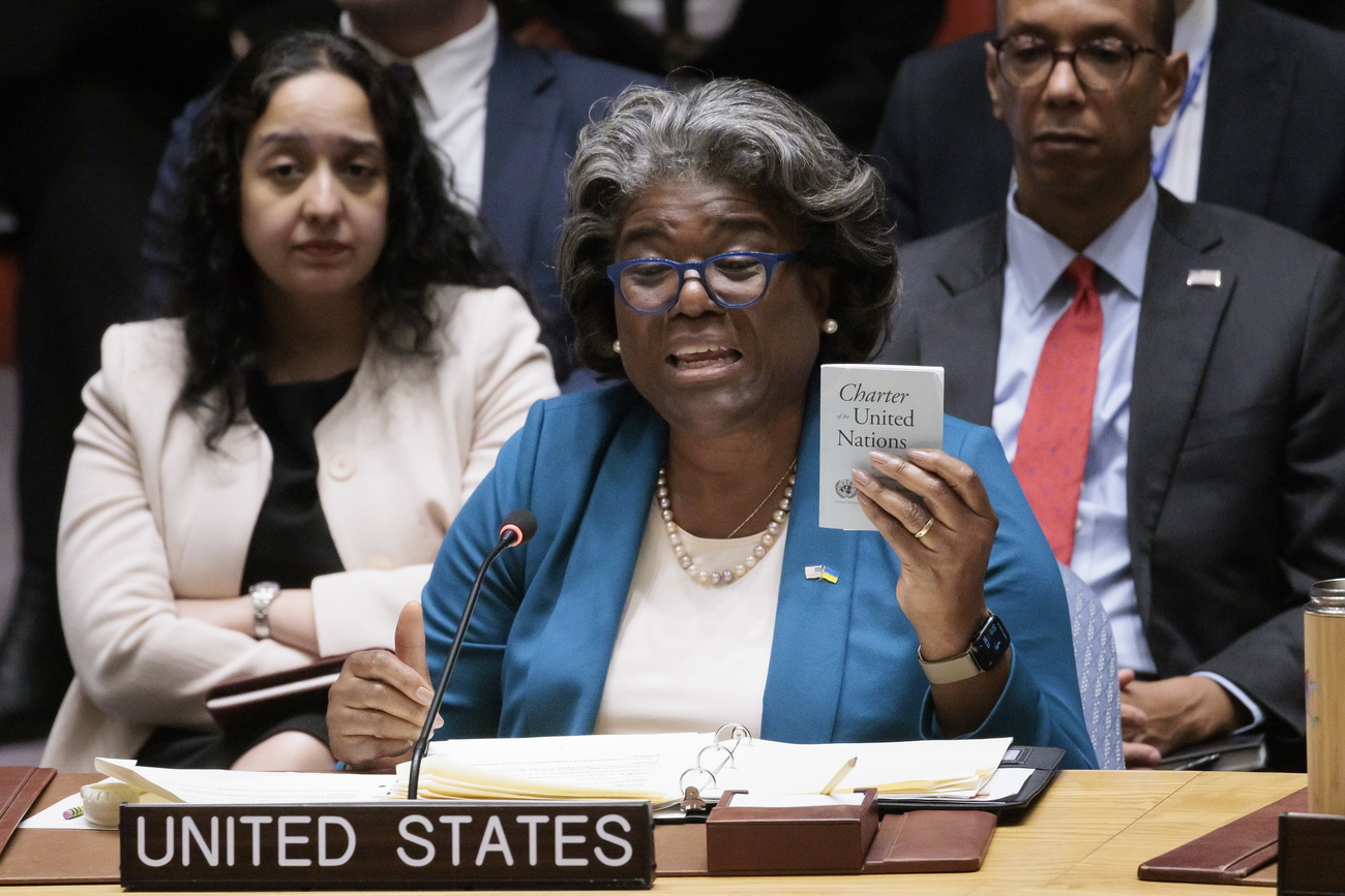 The United States' Ambassador to the UN Linda Thomas-Greenfield holds up a copy of the United Nations charter while addressing a United Nations Security Council meeting, which is being chaired by Russia's Foreign Minister Sergey Lavrov, at the United Nations headquarters in New York, New York, USA, 24 April 2023