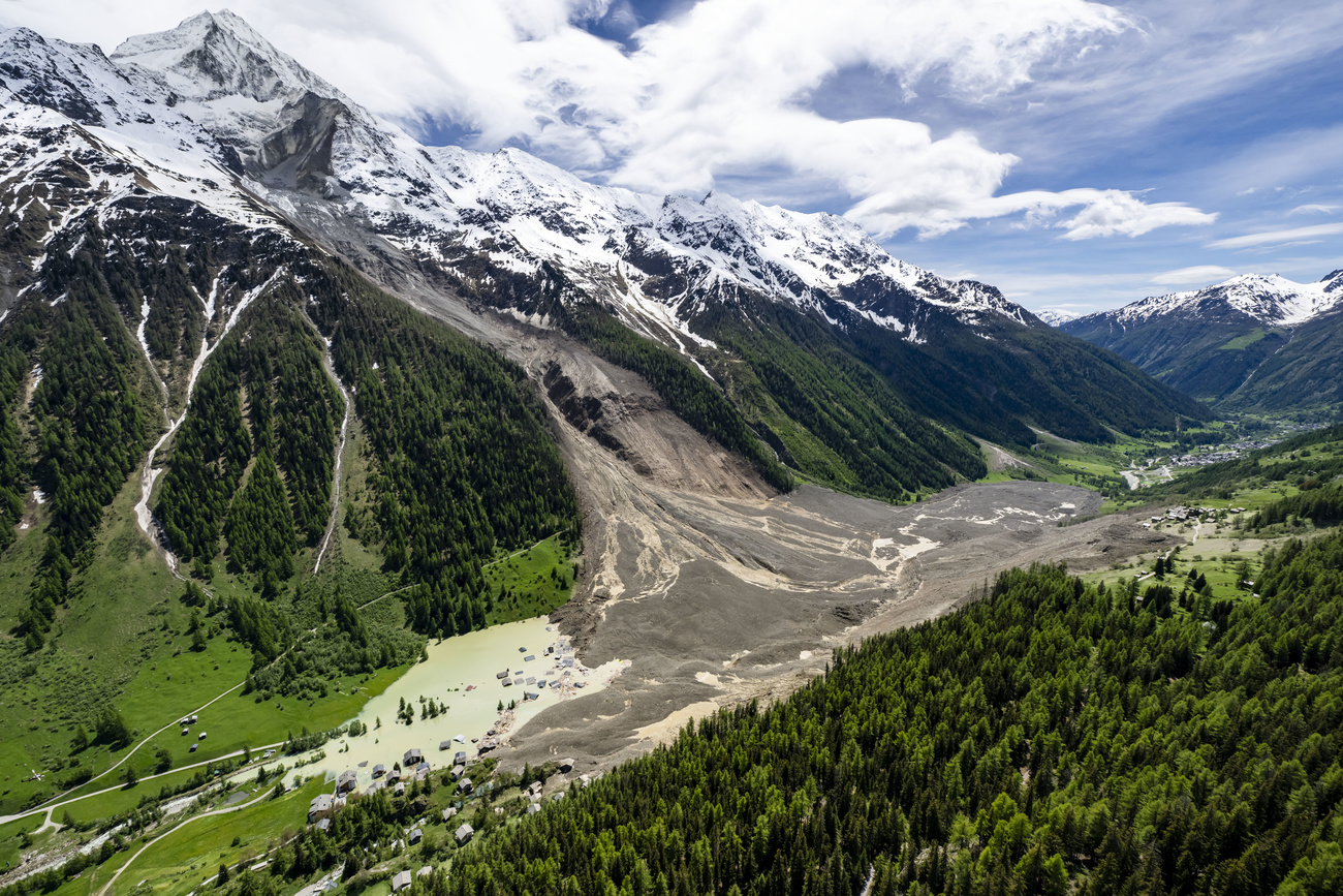 An aerial view captured on May 29 after the collapse of the Birch Glacier, triggered by millions of tonnes of rocks and debris that had fallen from the Kleines Nesthorn peak and amassed on the glacier.