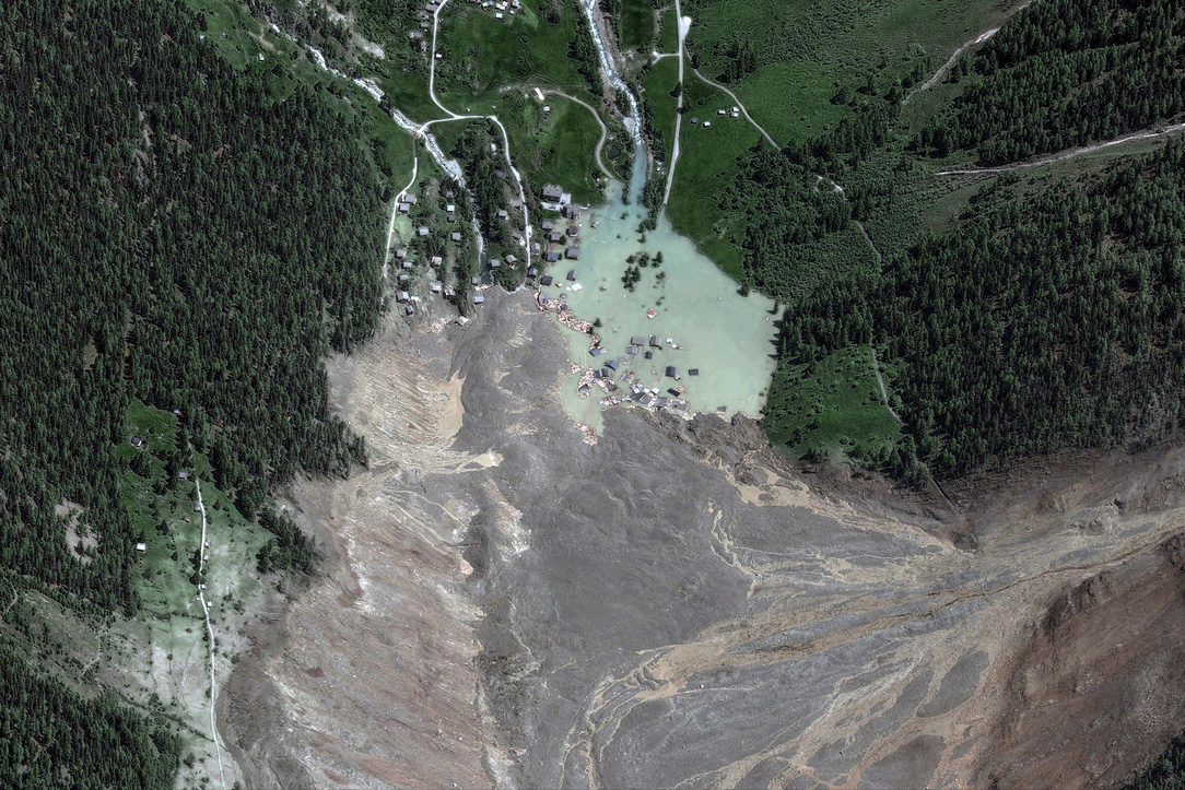 A satellite image of the Swiss mountain village of Blatten in the Lötschental, canton Valais, which was buried under nine million cubic metres of rock, ice and other debris on May 28, 2025.