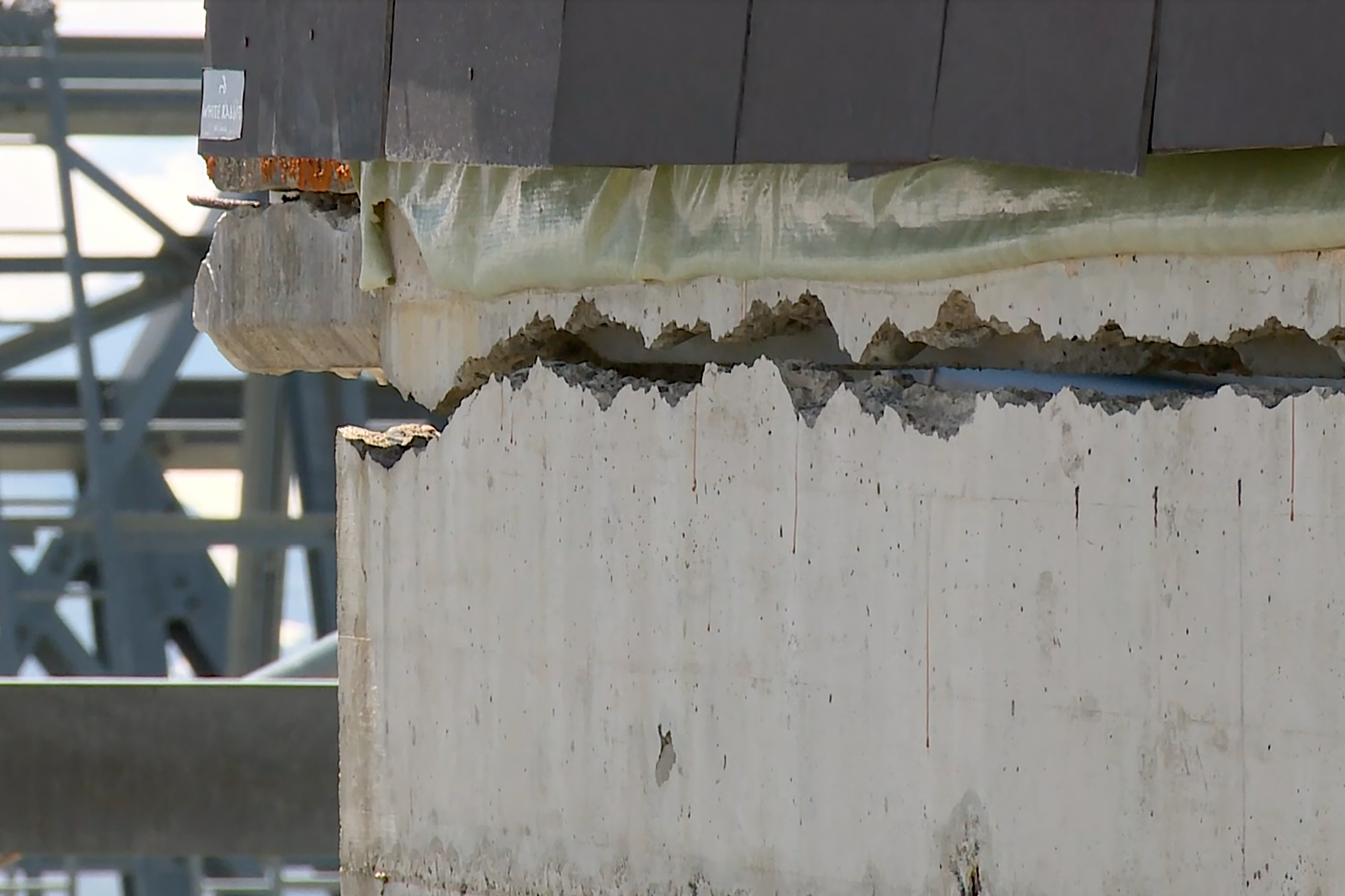A crack in a ski lift structure in the Swiss Alps caused by thawing permafrost.