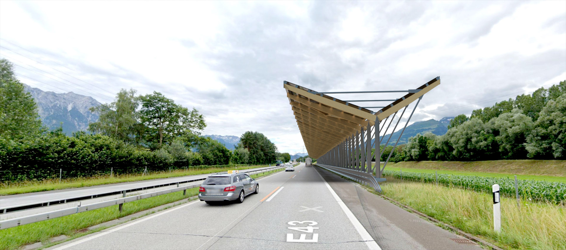 An overview image of what canopies with solar panels above motorways in Switzerland could look like.
