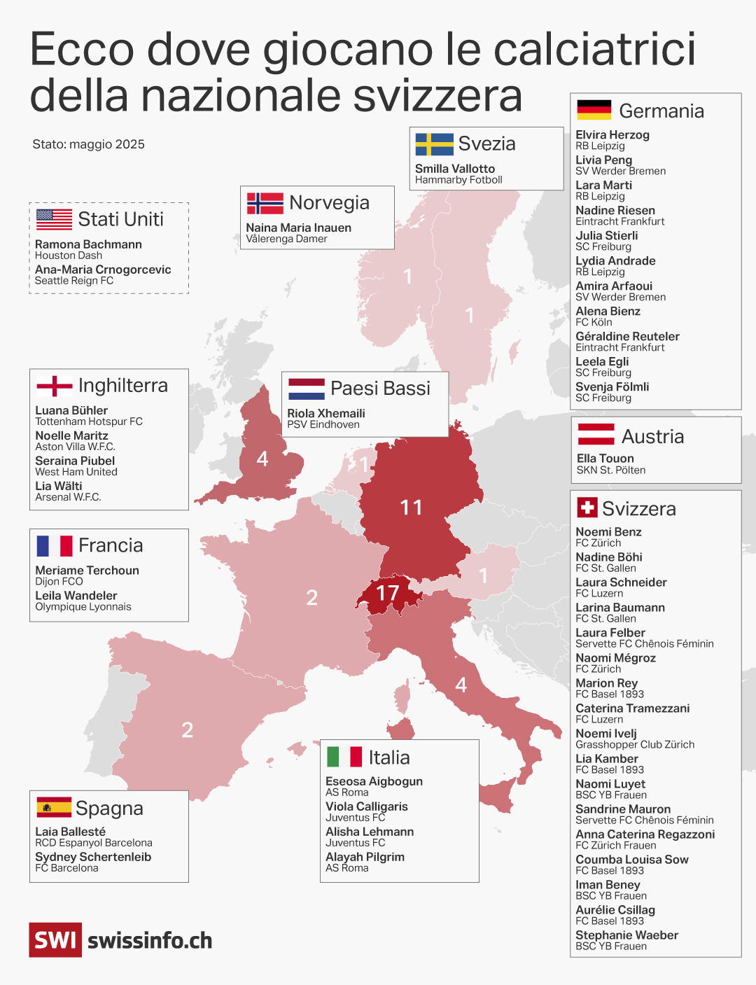 mappa dell'europa che mostra dove giocano le calciatrici della nazionale svizzera