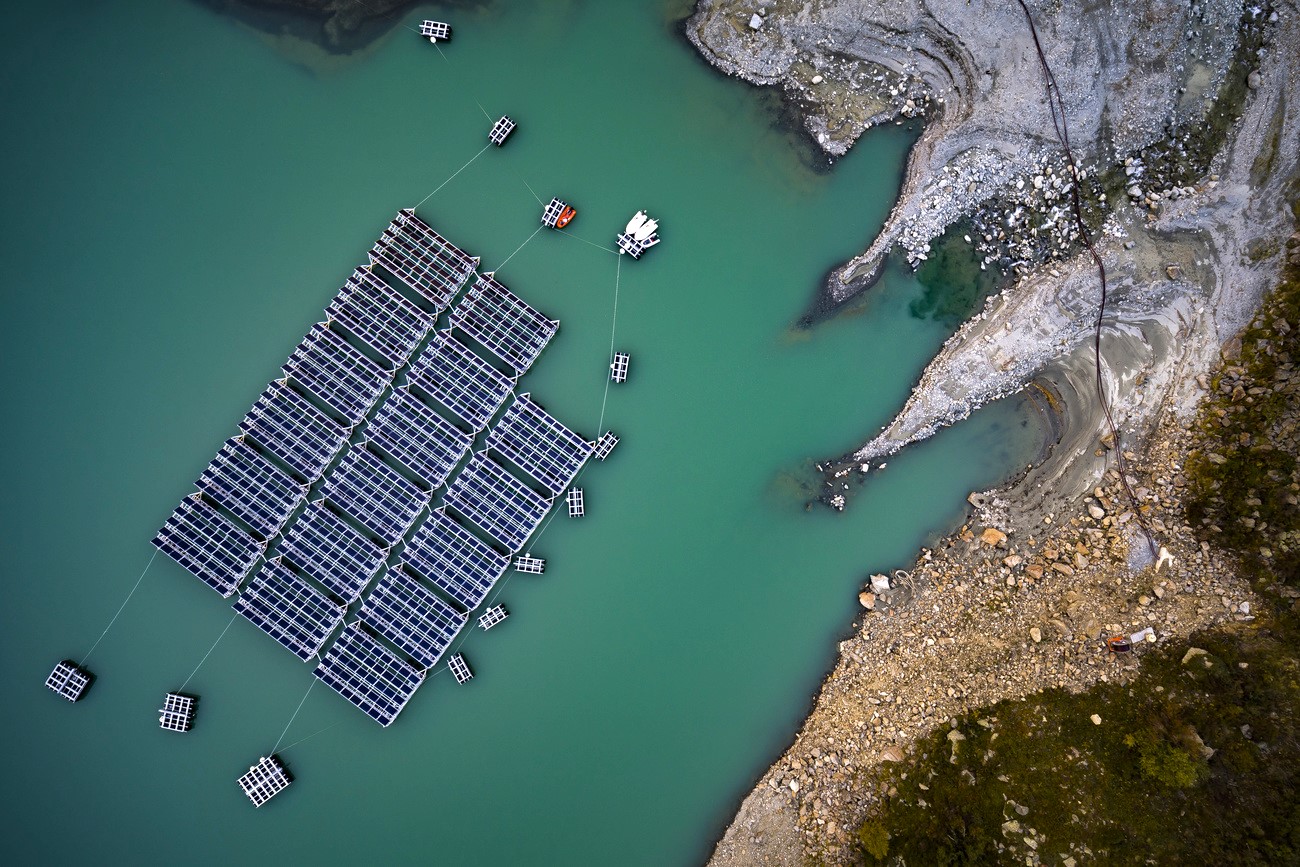 Floating solar power plant on Lake des Toules in the Valais Alps, October 2019.