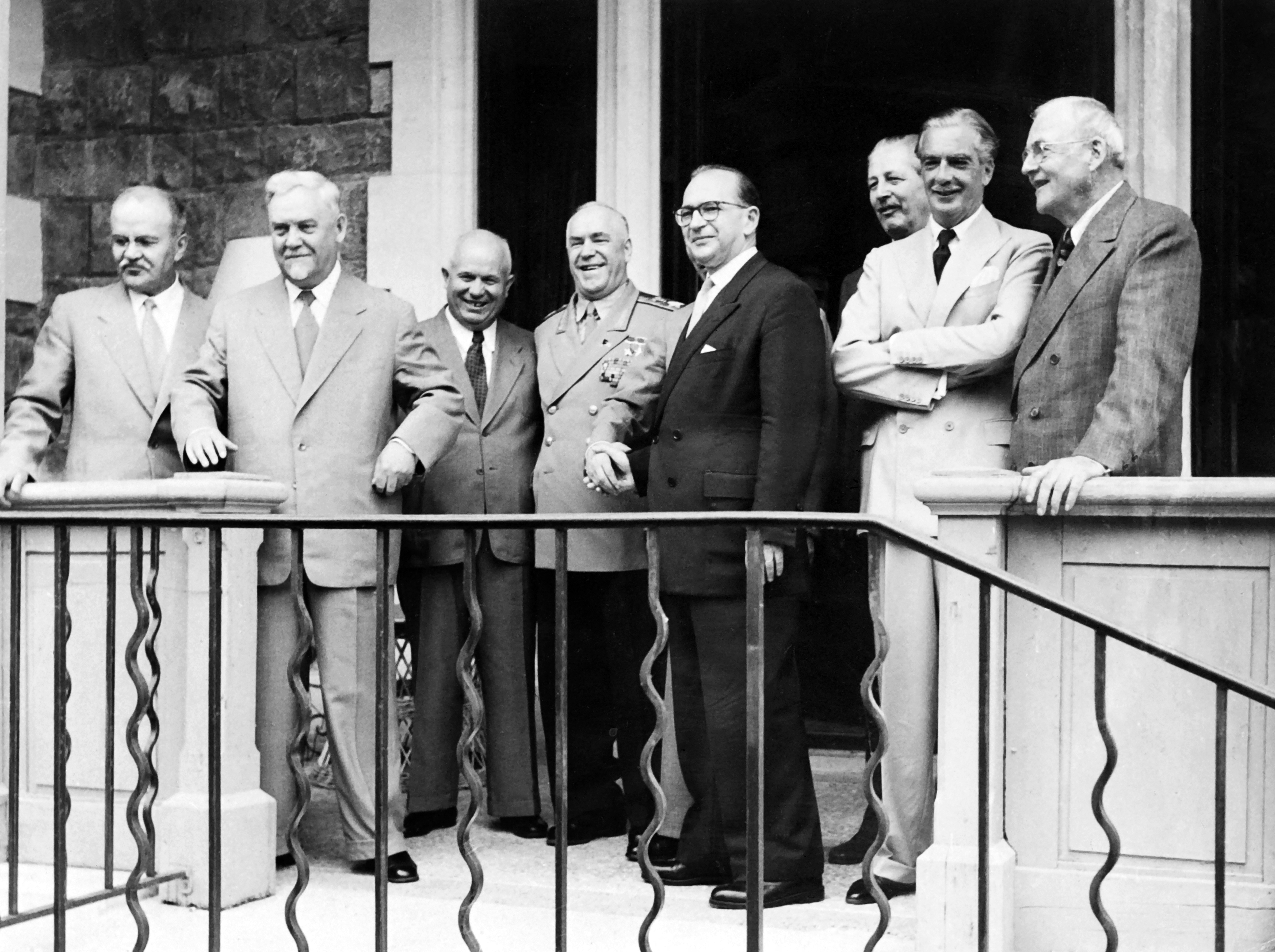 From left, Soviet Foreign Affairs minister Vyacheslav Molotov, Soviet chairman of the Council of Ministers Nikolai Boulganine, Soviet leader Nikita Khrushchev, Soviet politician and military Gueorgui Joukov, French President of Council of Ministers Edgar Faure, British Secretary of State for Foreign Affairs Harold Macmillan, British Prime minister Anthony Eden and US Secretary of State John Foster Dulles pose after lunch during the Conference of Geneva on July 21, 1955.